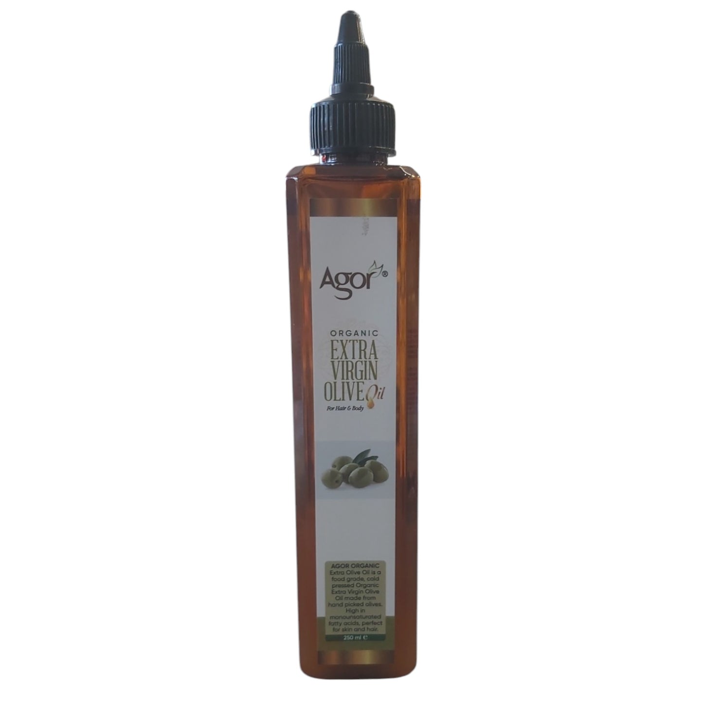 A bottle of Agor Extra Virgin Olive Oil Hair and Body 250ml with a black cap and a label that includes the brand name and product type.