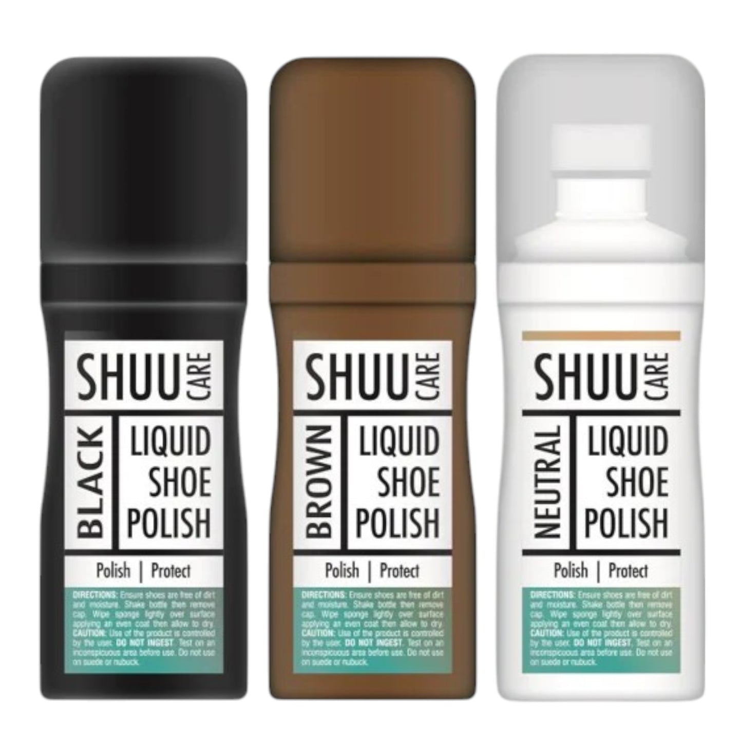 Three bottles of Rapide Shuu Liquid Shoe Polish in black, brown, and neutral colors, labeled for shoe care.