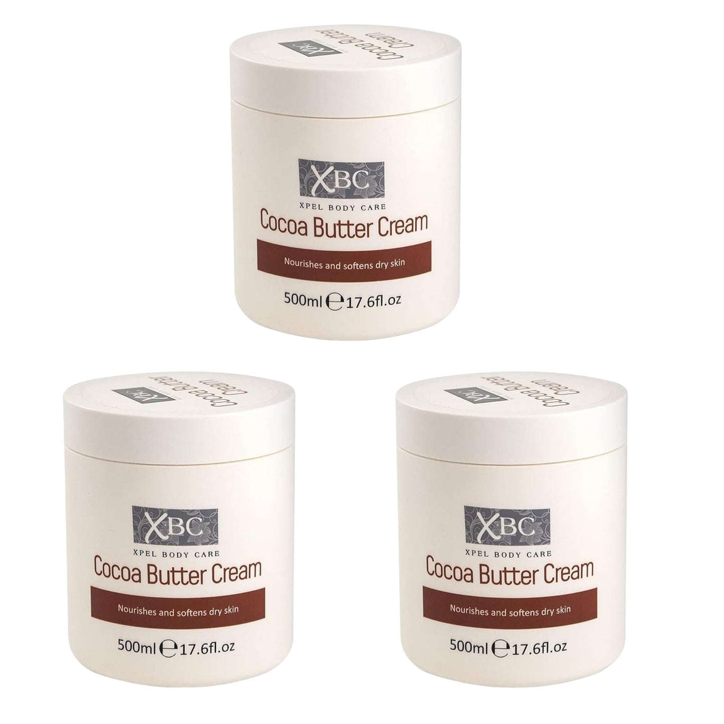 Three jars of XBC Cocoa Butter Cream, each labeled and indicating a capacity of 500ml.