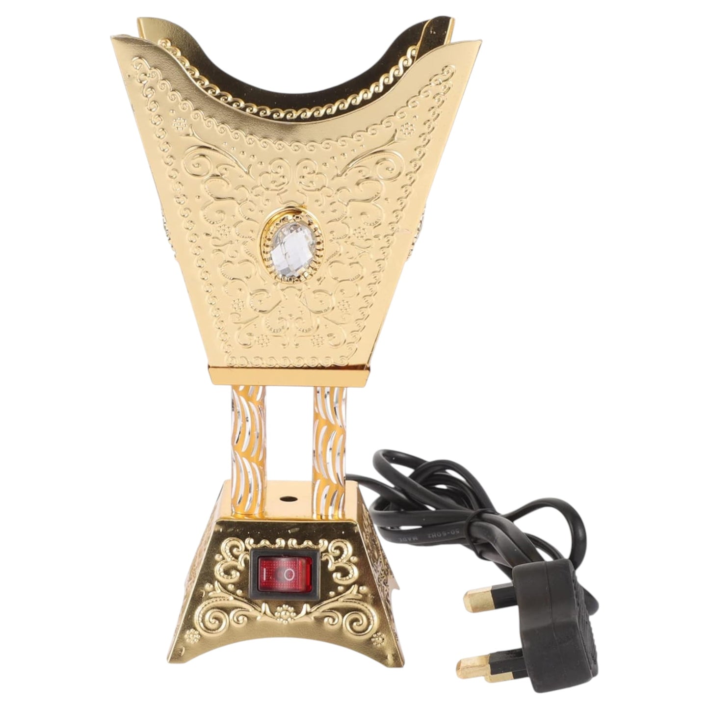 A golden electric incense burner with intricate designs and a central crystal, accompanied by a power plug.
