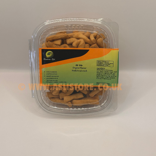 Packaged crunchy fried snack in a clear plastic container with branding and information label.