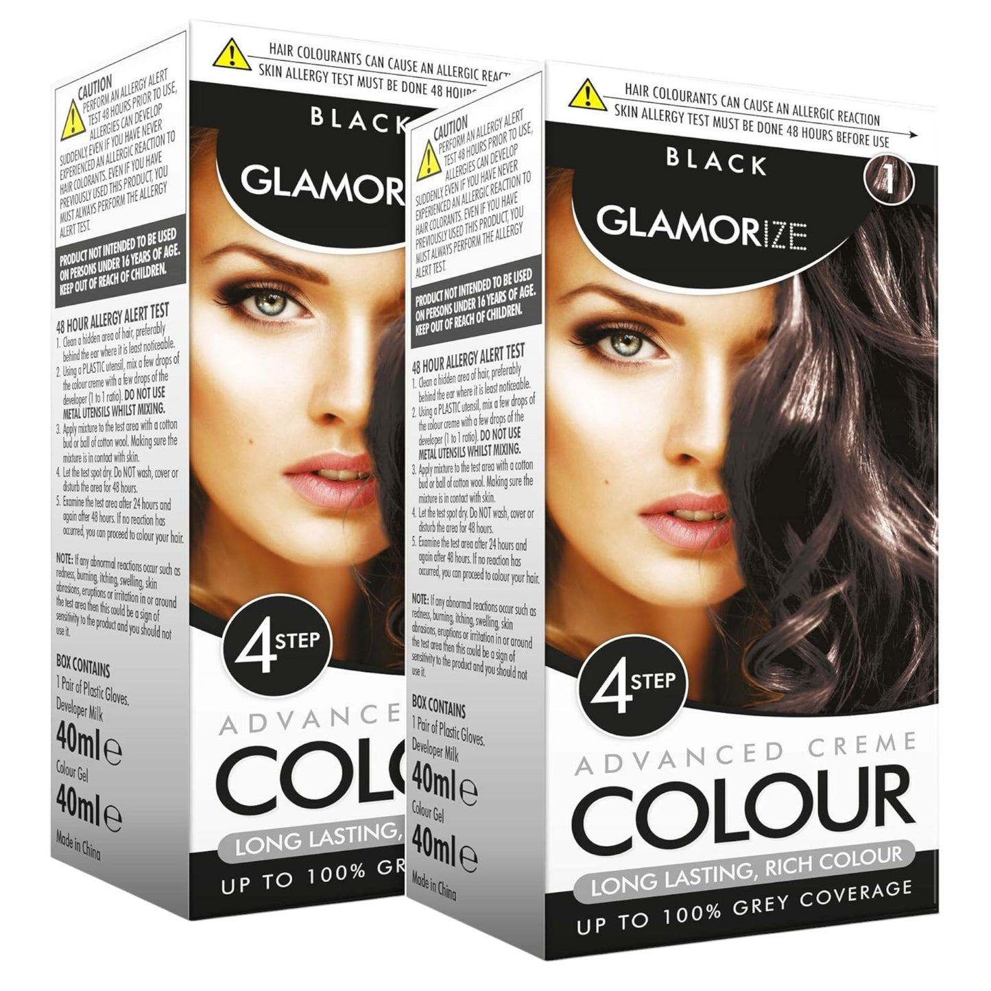 Two boxes of Glamourize hair dye with the image of a woman showing before and after hair color results. The hair color has changed from dark brown to black.