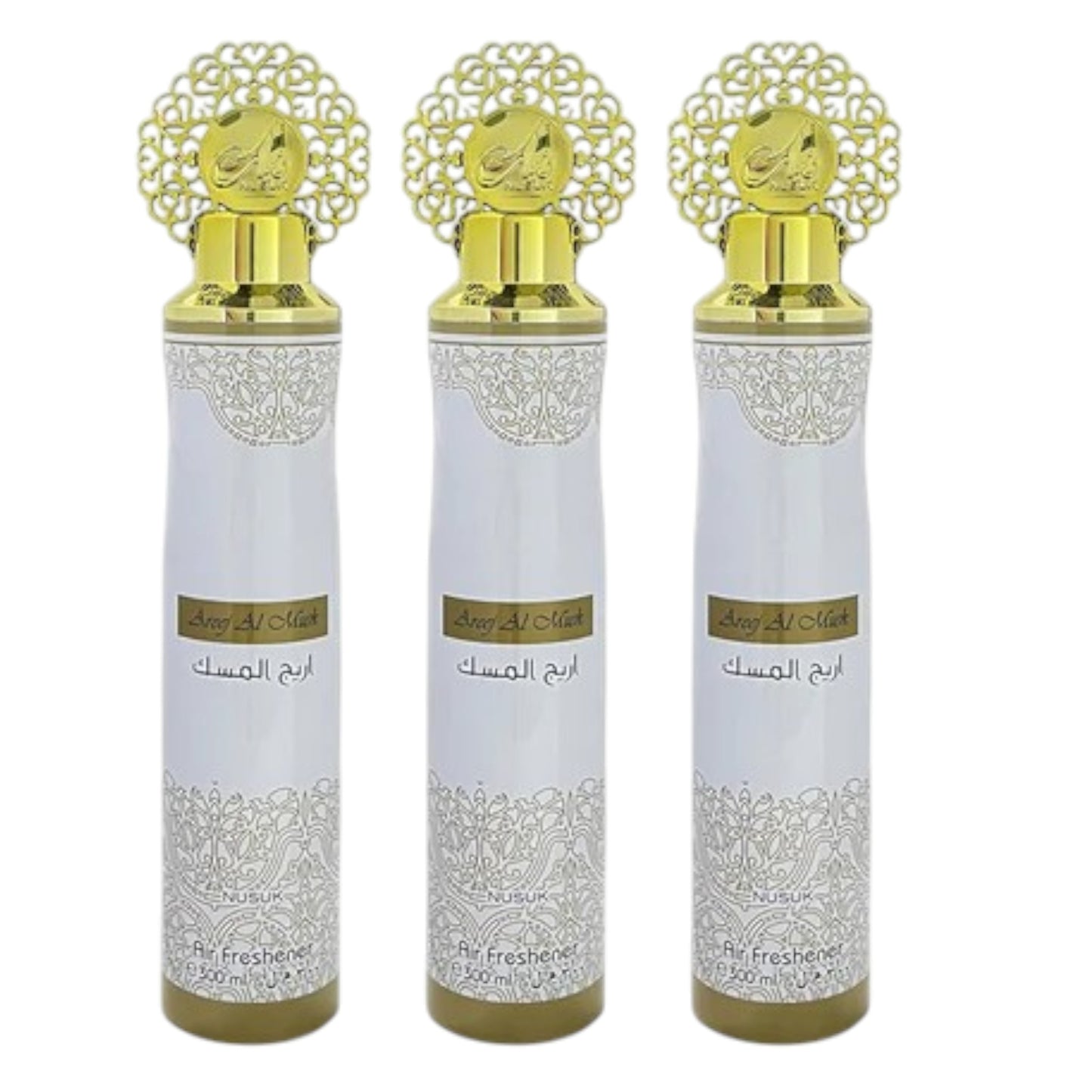 Three bottles of Areej Al Musk air freshener with gold-colored caps and white bodies, displayed side by side.