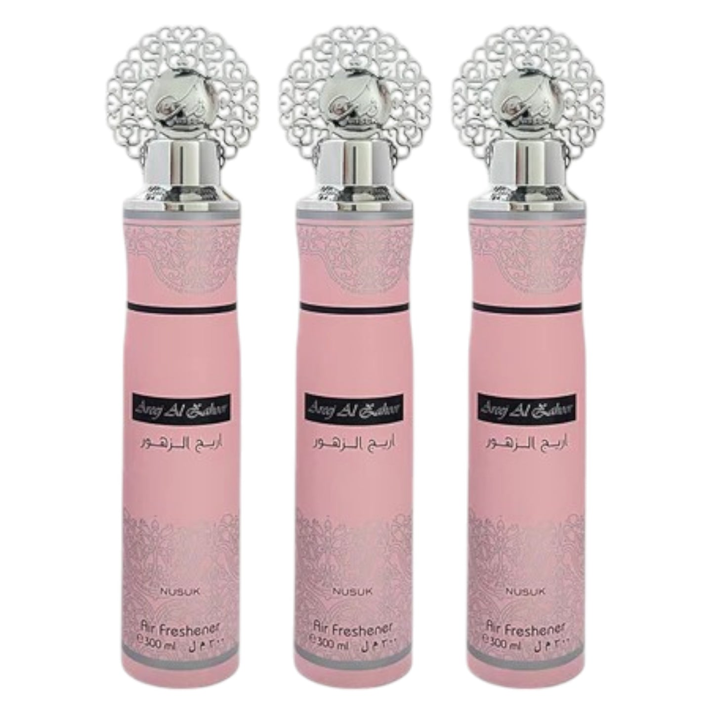 Three bottles of Areej Al Zahoor air freshener with pink packaging and decorative silver caps.