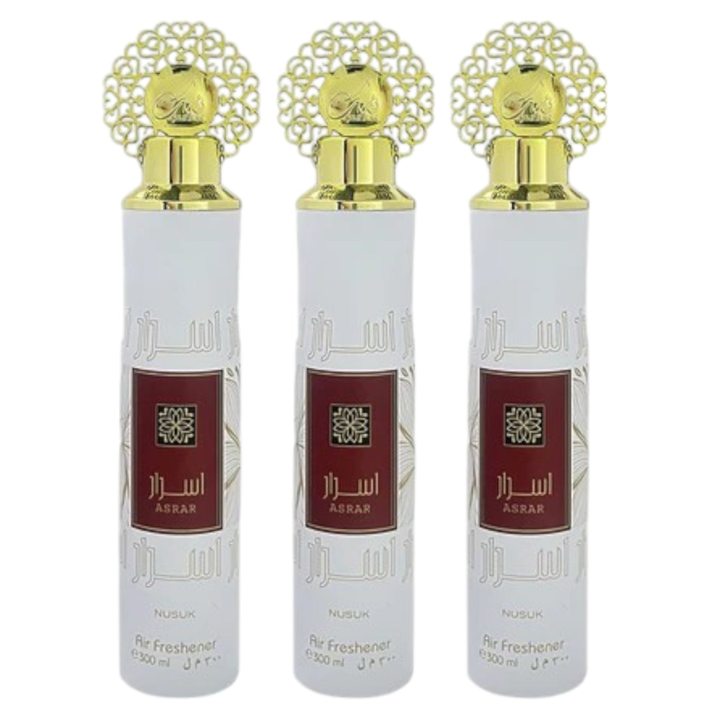 Three bottles of Asrar air freshener with gold-colored caps and white bodies, labeled in Arabic.
