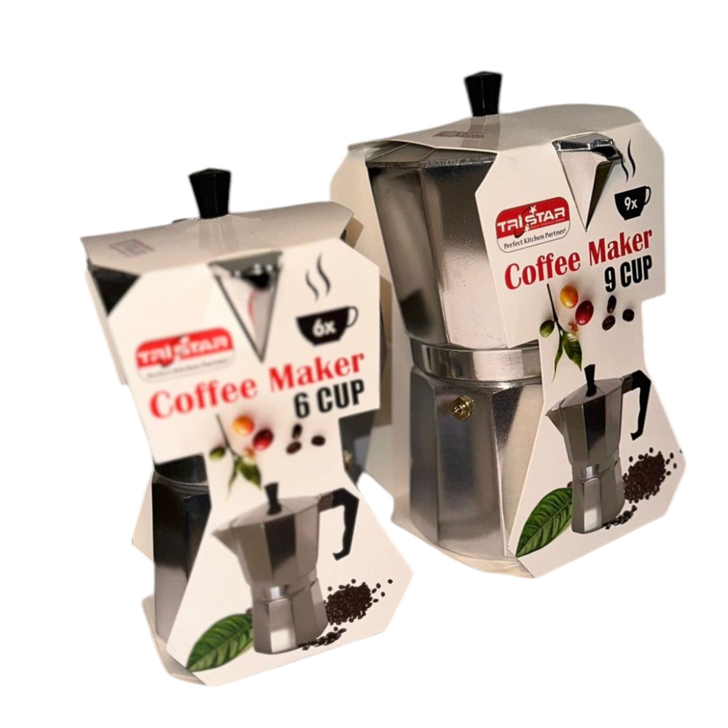 Two Aluminium Italian Espresso Moka Pots, one for 6 cups and one for 9 cups, both are silver color with packaging boxes.