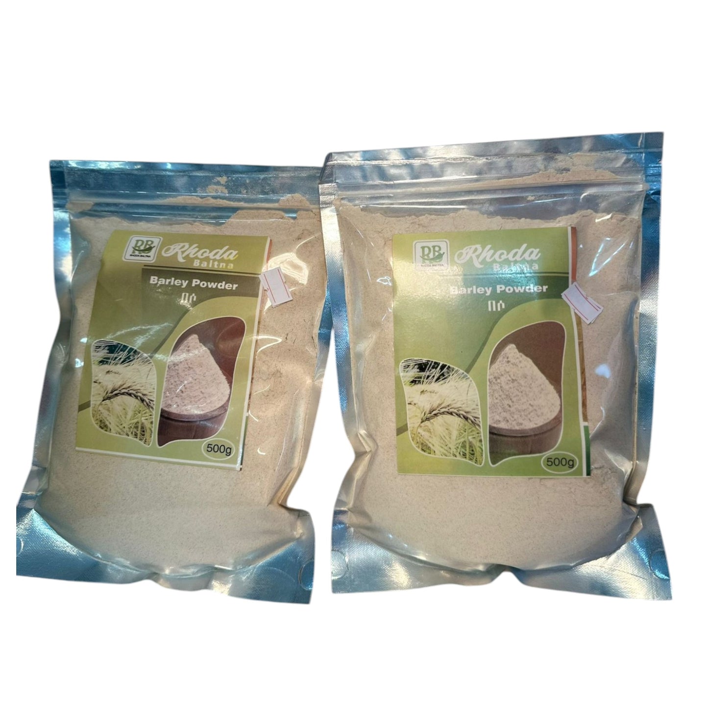 Two sealed packages of Rhoda barley powder, each marked with the brand name and the product name, displayed against a white background.