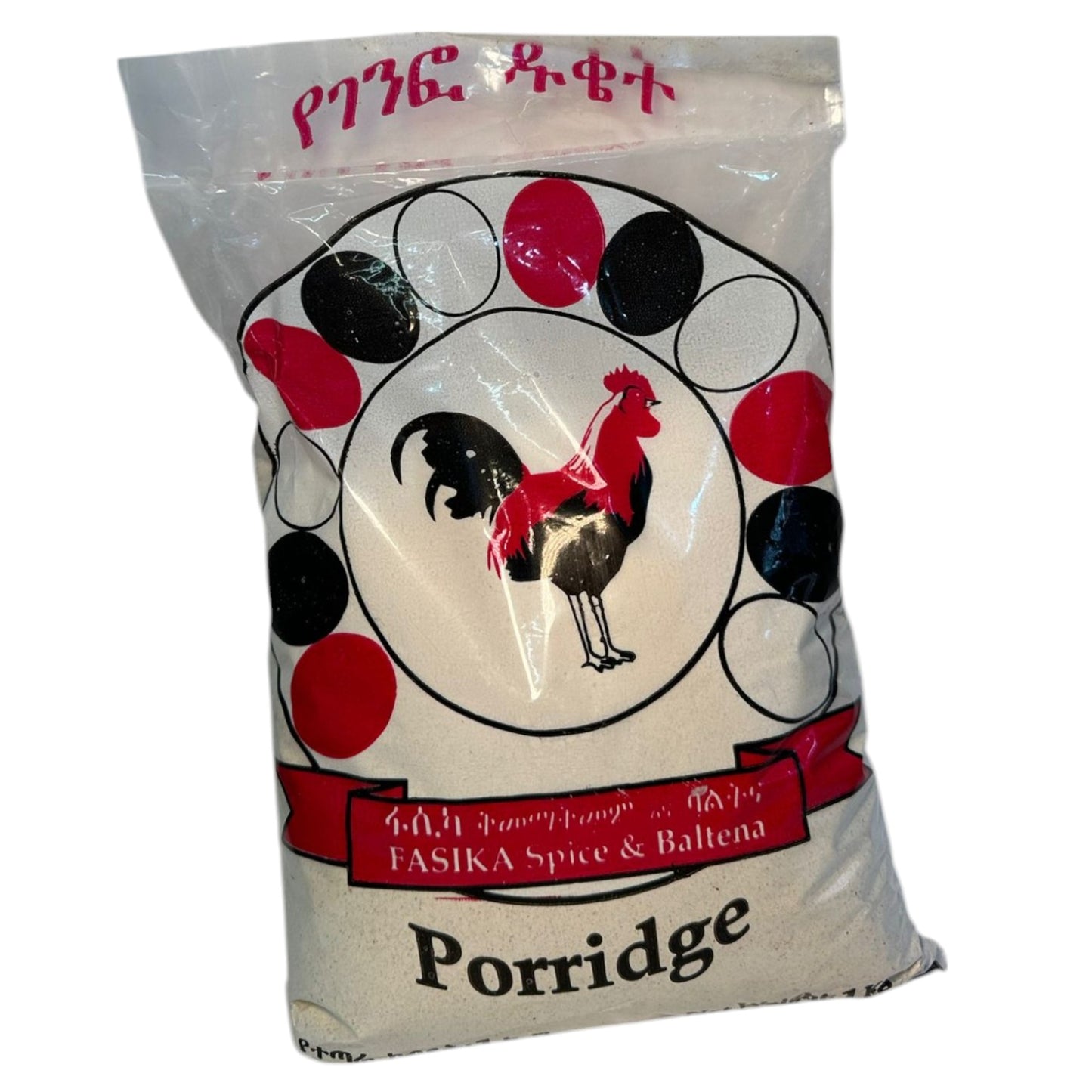 A package of Fasika Ethiopian Spice Porridge Powder, 500g, with a white background, decorated with red and black circles and a rooster in the center.