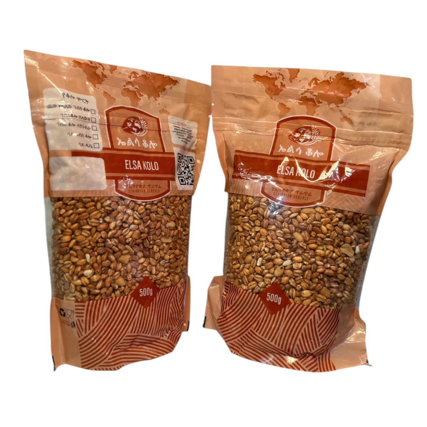Two packages of Elsa Kolo Ethiopian Cereal snack, with visible cereal grains through the transparent window of the packaging.