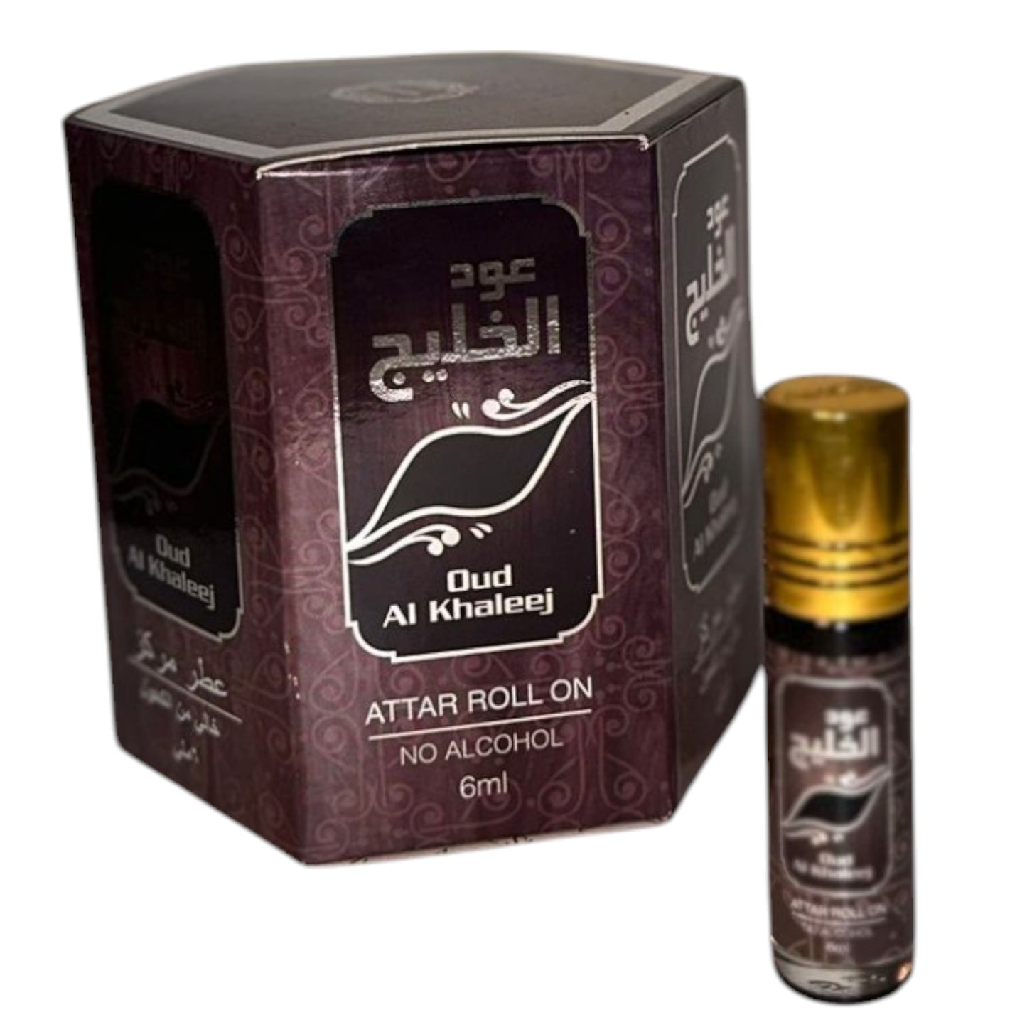 The image shows a product packaging for Oud Al Khaleej Attar Roll On No Alcohol 6ml. The box is purple with Arabic script, and next to it is a small roller bottle with a gold cap.