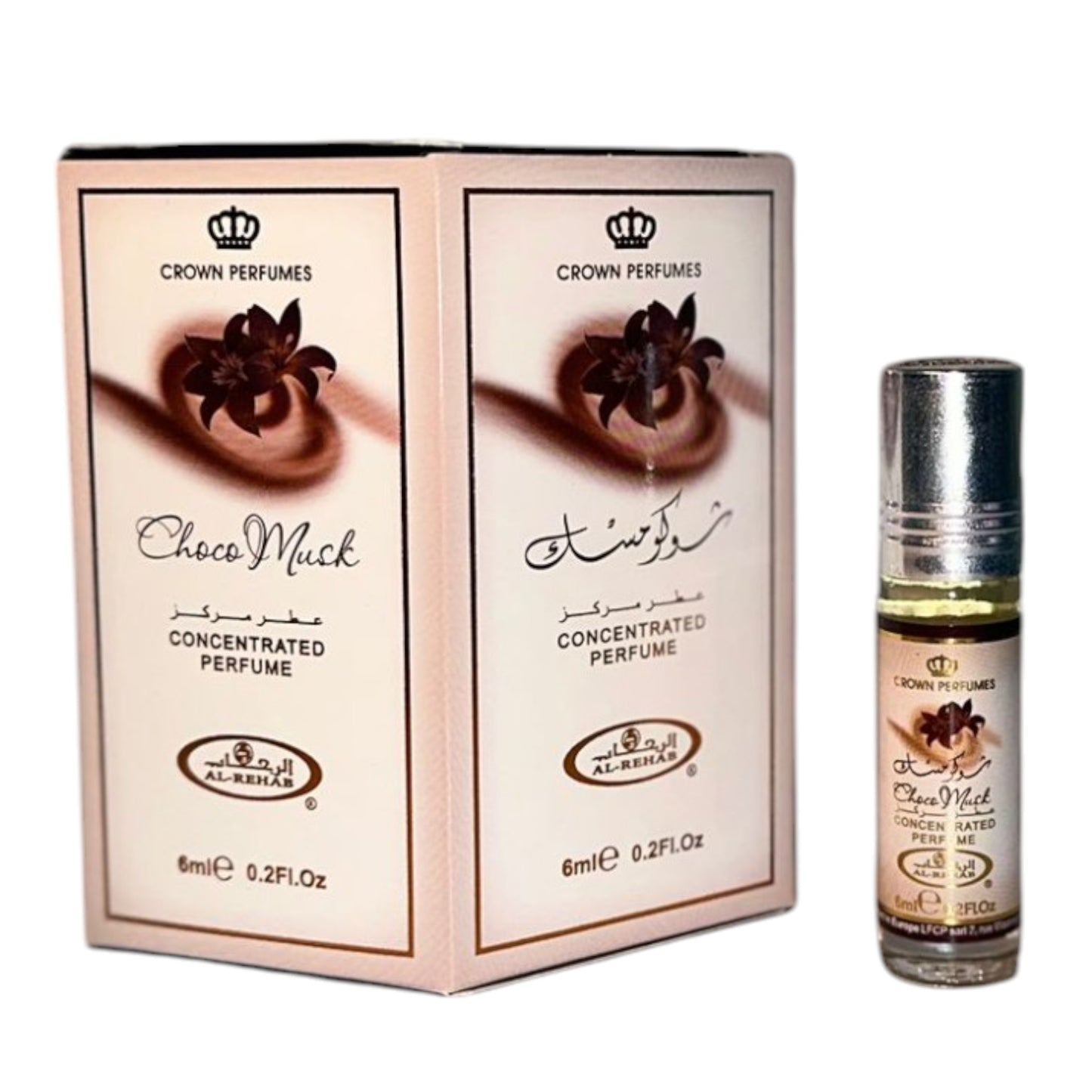 The image shows a product packaging for Choco Musk mini Oil Perfume. The package includes a small bottle of perfume with a metallic cap, placed next to its box.