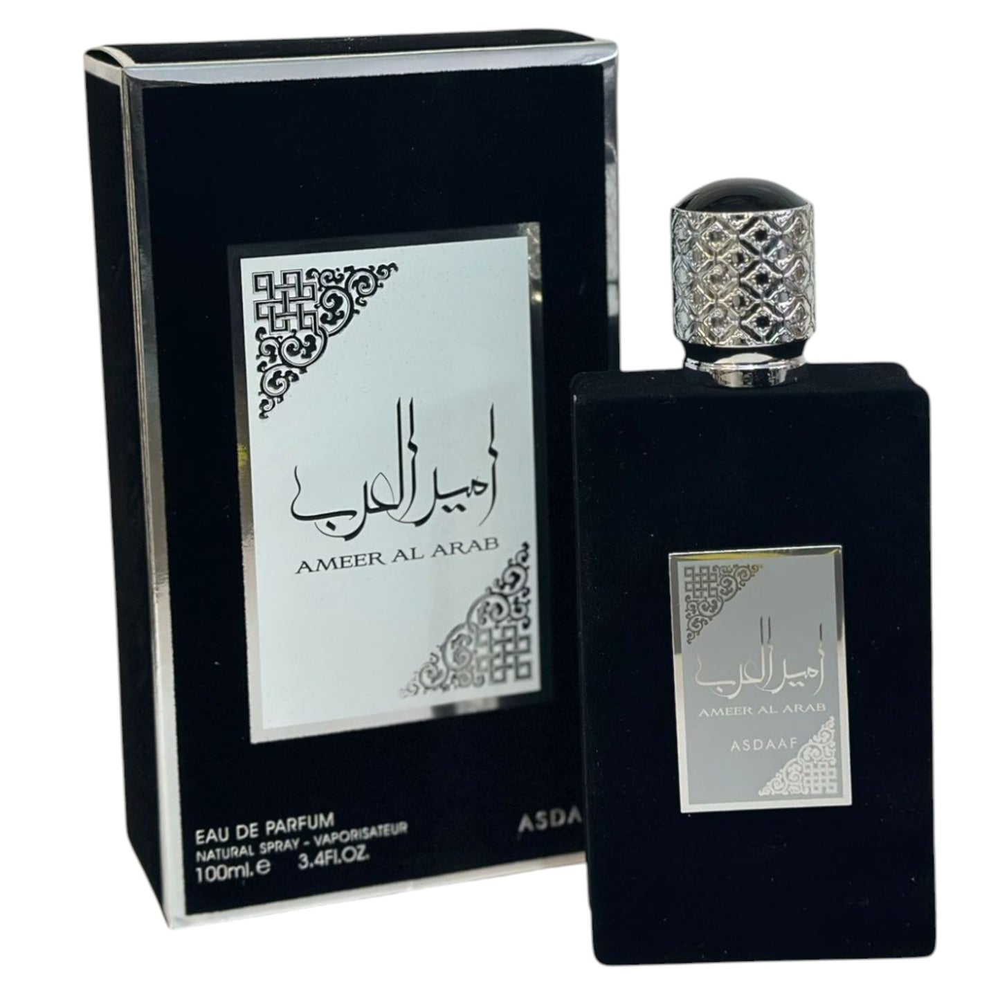 Ameer Al Arab Eau Da Parfum perfume bottle and packaging, predominantly black with silver and white text and decorations.