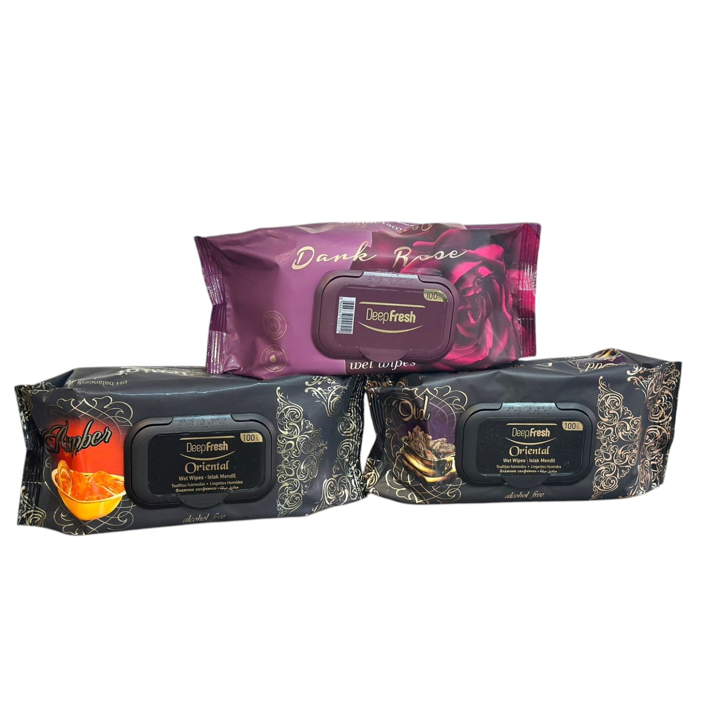 Three packs of Deep Fresh Oriental Wet Wipes in black and purple color with various fruit illustrations on the packaging.