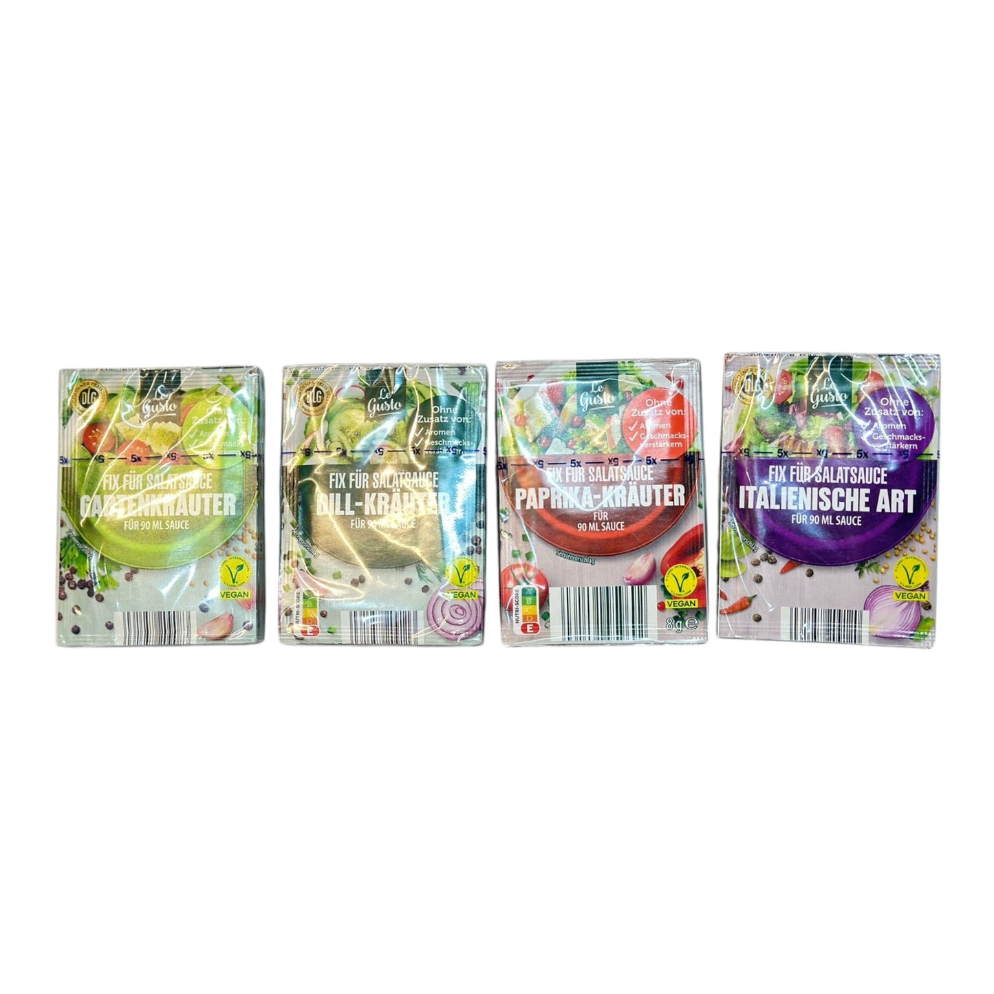 A pack of four Le Gusto German Salad Sauce sachets with different flavors, displayed in front of a white background.