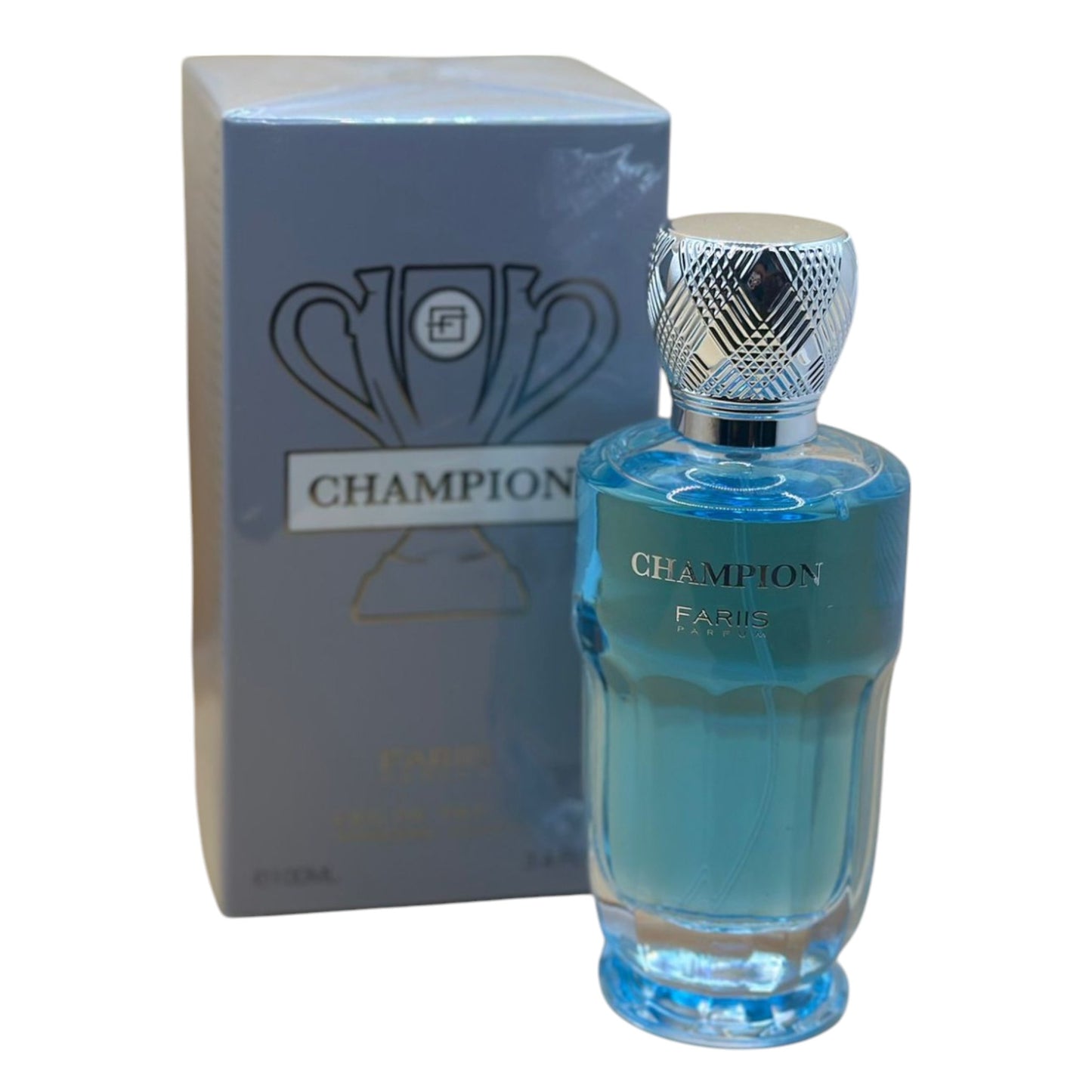 A bottle of Champion Fariis Eau De Parfum with a blue hue, alongside its packaging box featuring the brand name and logo.