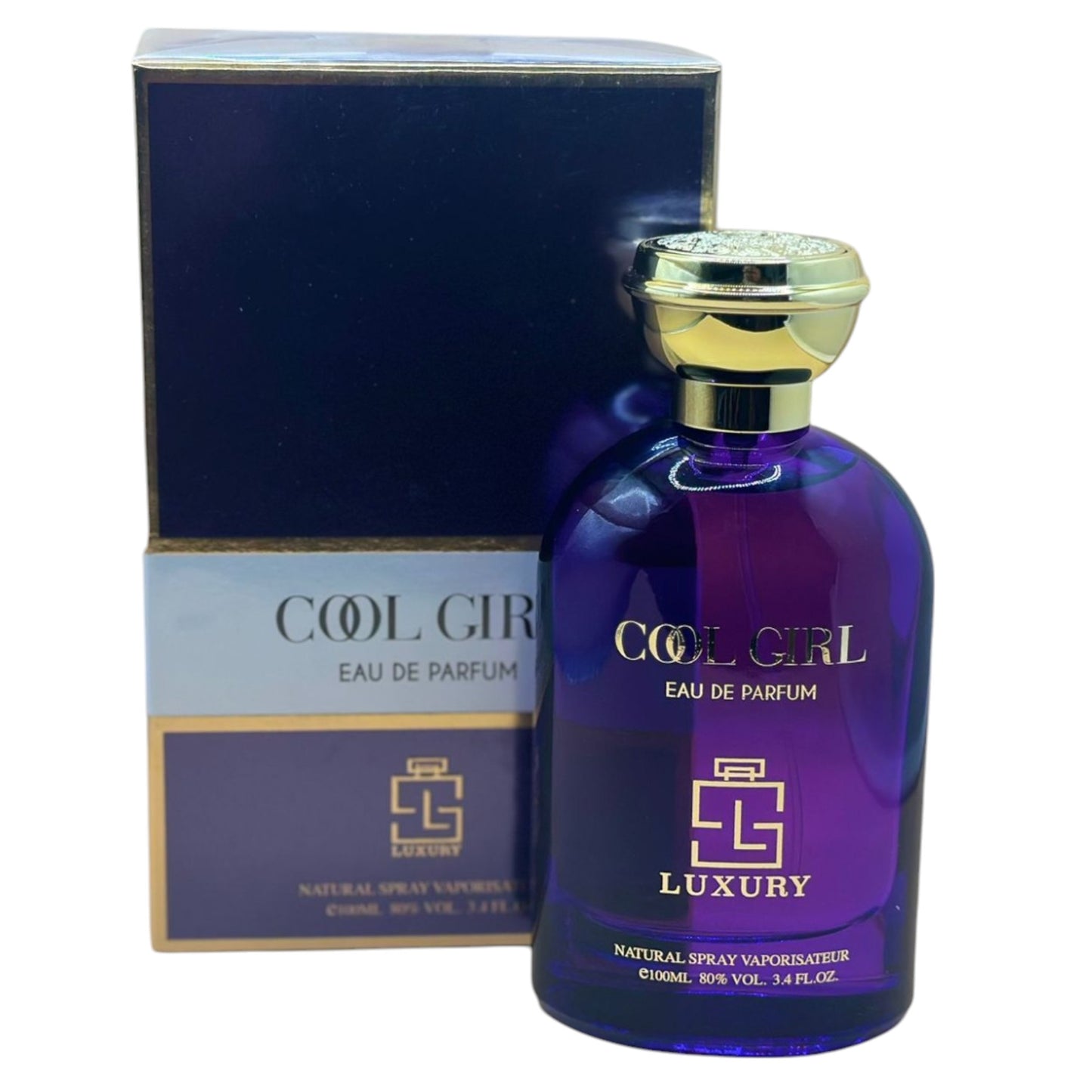 A product image featuring a luxury perfume bottle with a purple label and gold-colored cap, alongside its packaging box.