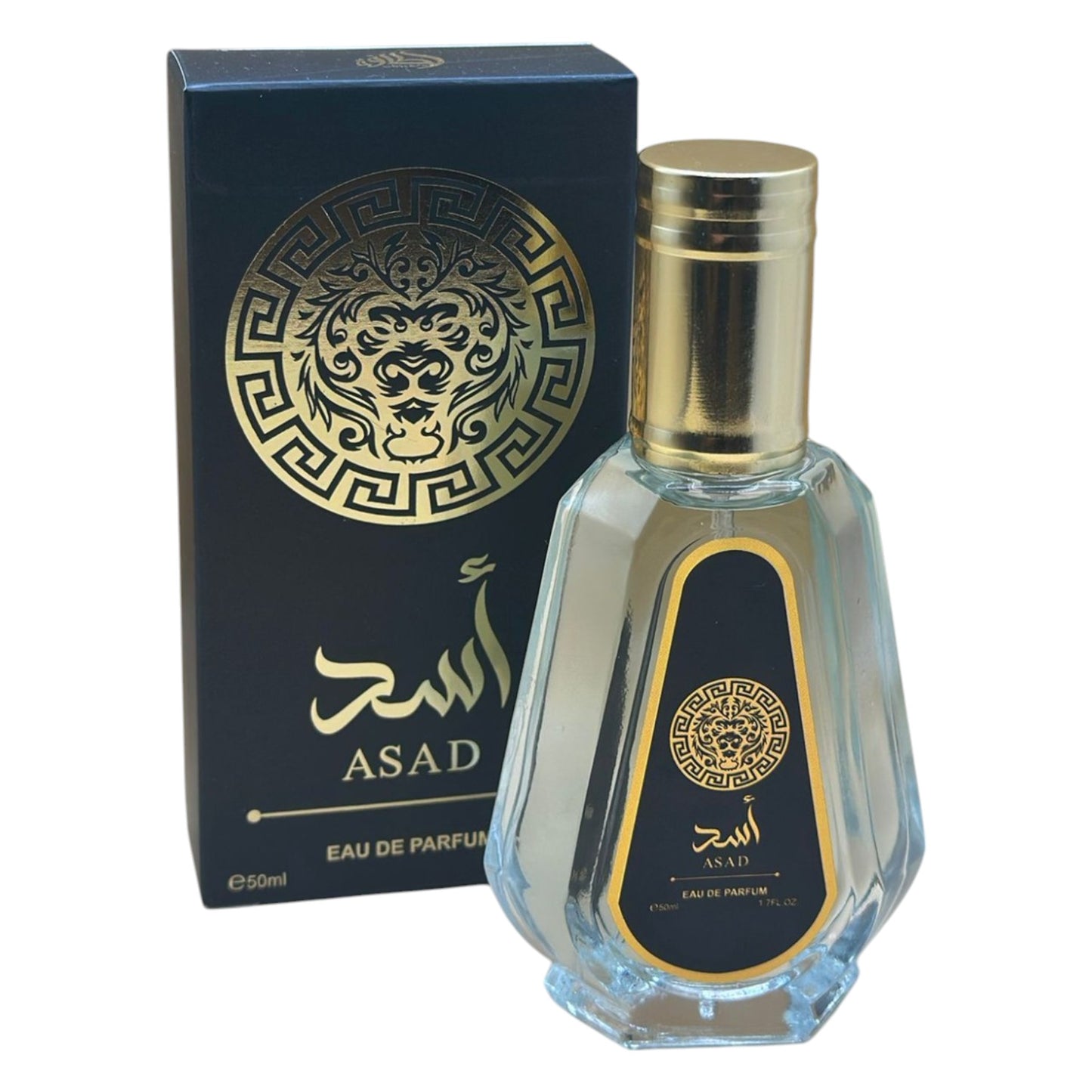 A bottle of ASAD Latifa 50ml perfume with a gold-colored cap and a label featuring Arabic script, accompanied by its black box packaging with decorative gold patterns.