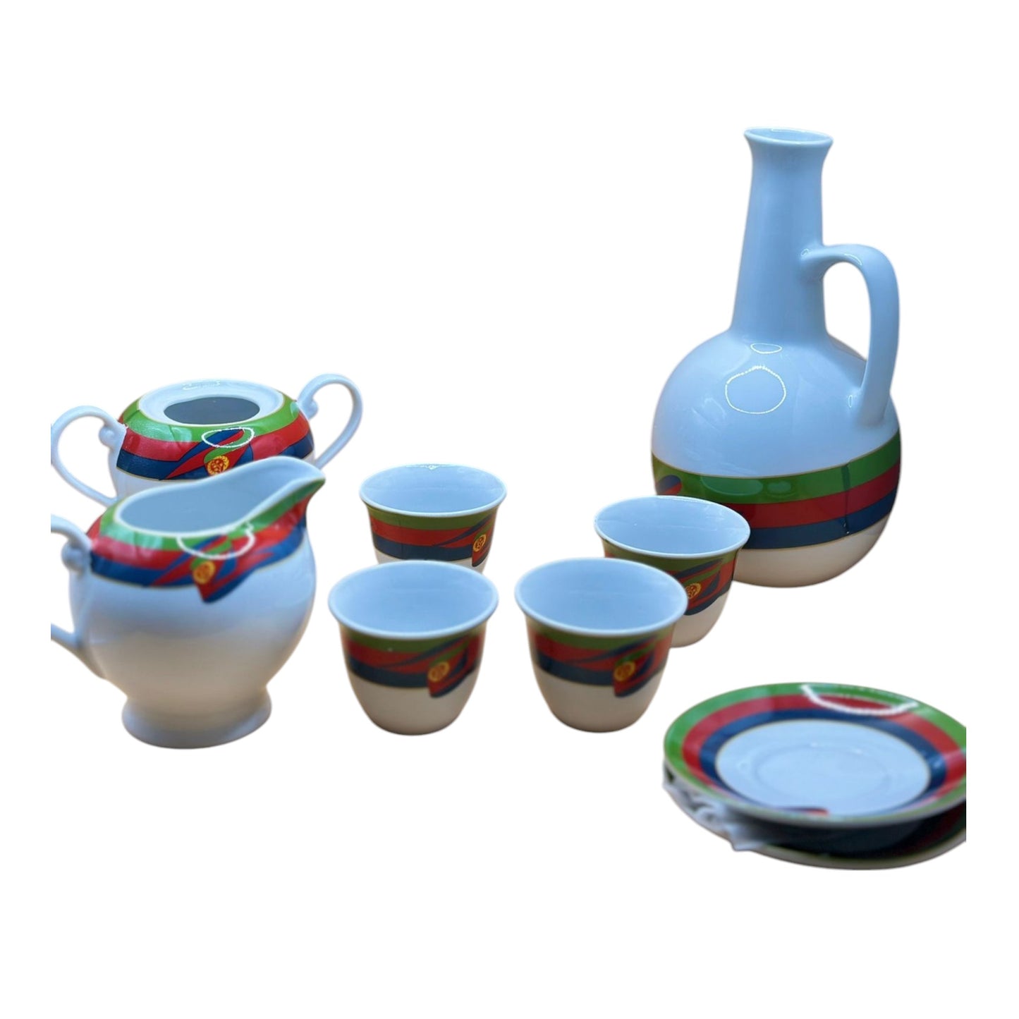 Eritrean Flag Designed 22 PCS Traditional Jebena Coffee Sets | Eritrean Jebena Set | ጀበና | Coffee serving set