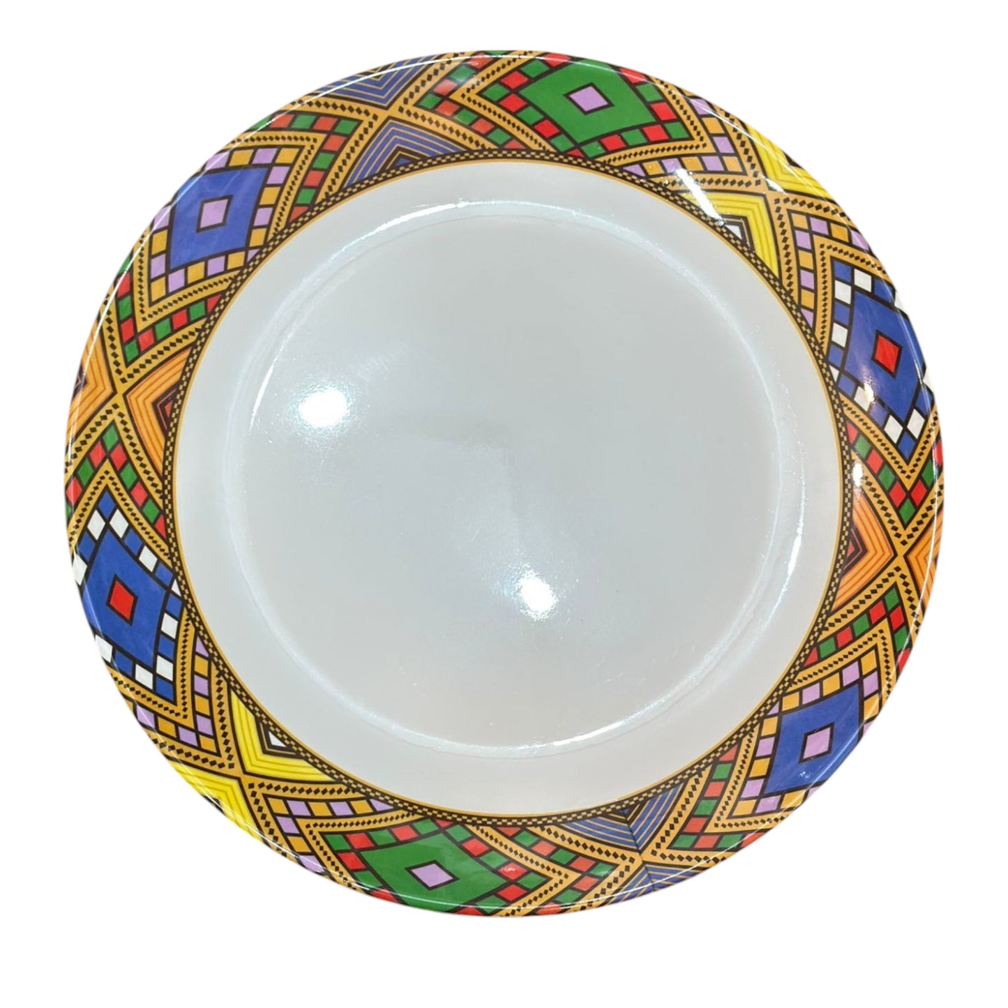 A colorful Traditional Habesah Injera Platter Tray with a geometric pattern, predominantly featuring blue, green, and yellow hues.