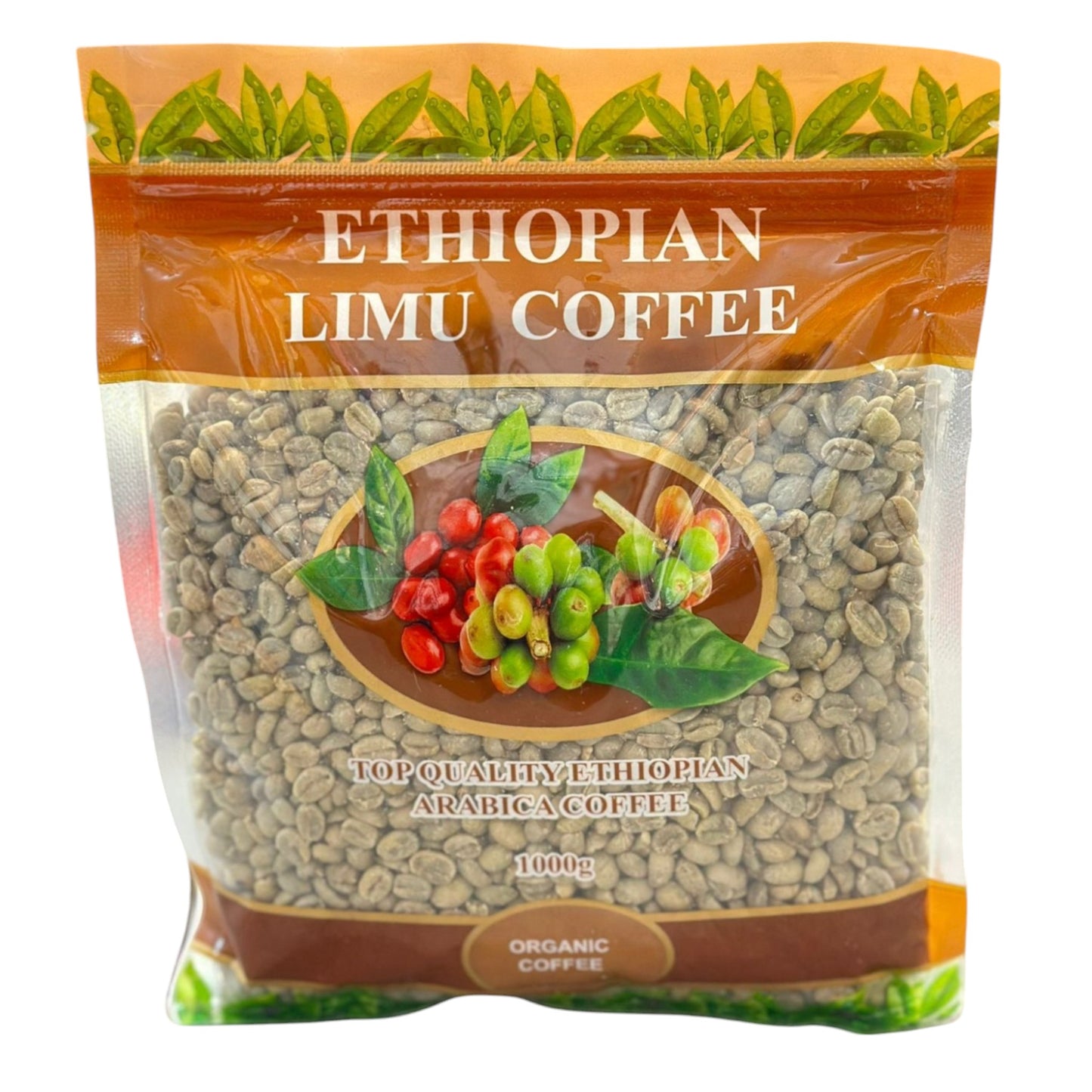 Packaged Ethiopian Limu organic green coffee beans with a visual representation of the beans in the foreground and a label indicating the product is organic and comes from Ethiopia.