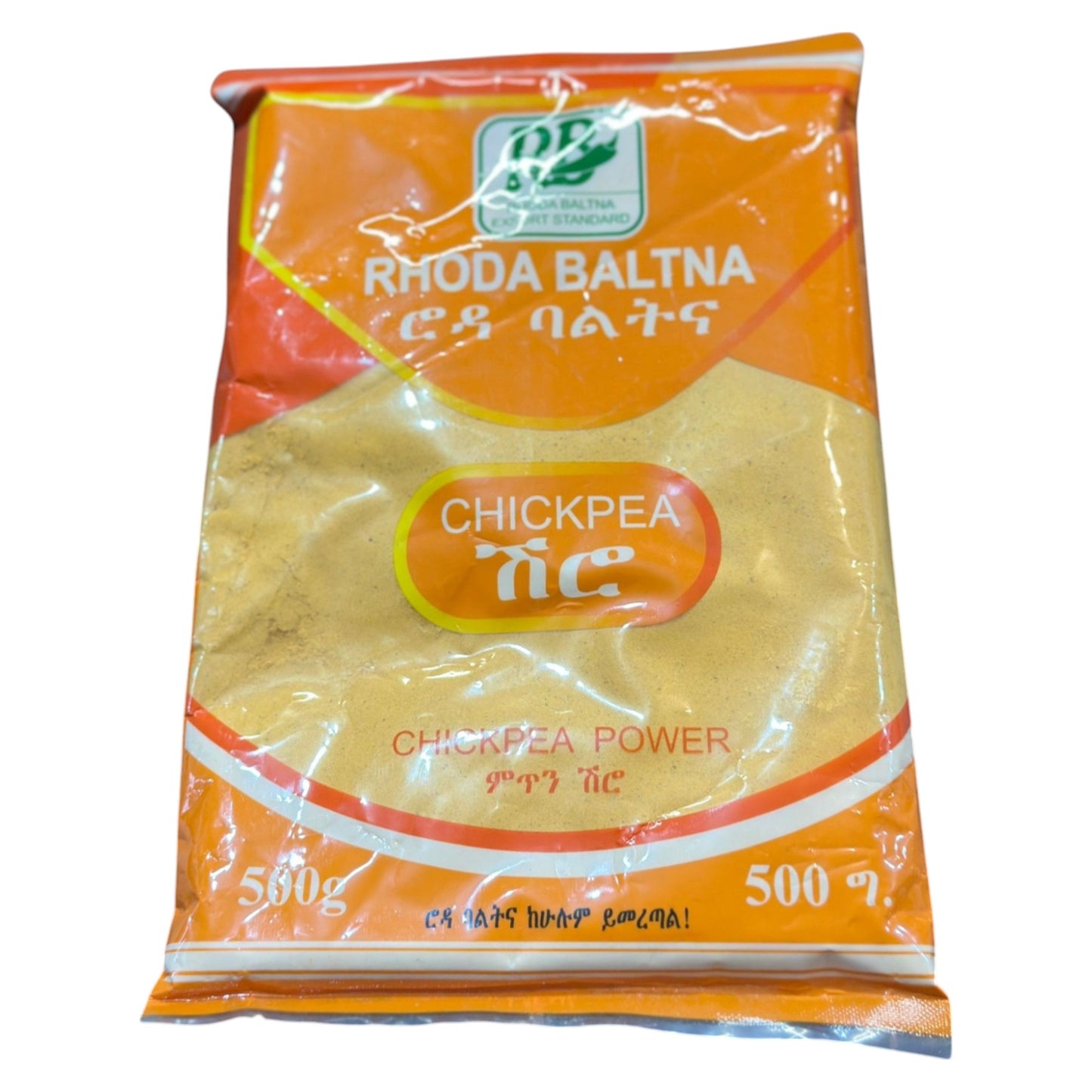 Packaging of Rhoda Baltina Chickpeas Powder Shiro, showing the product in a clear plastic bag with branding and weight indication, 500g.