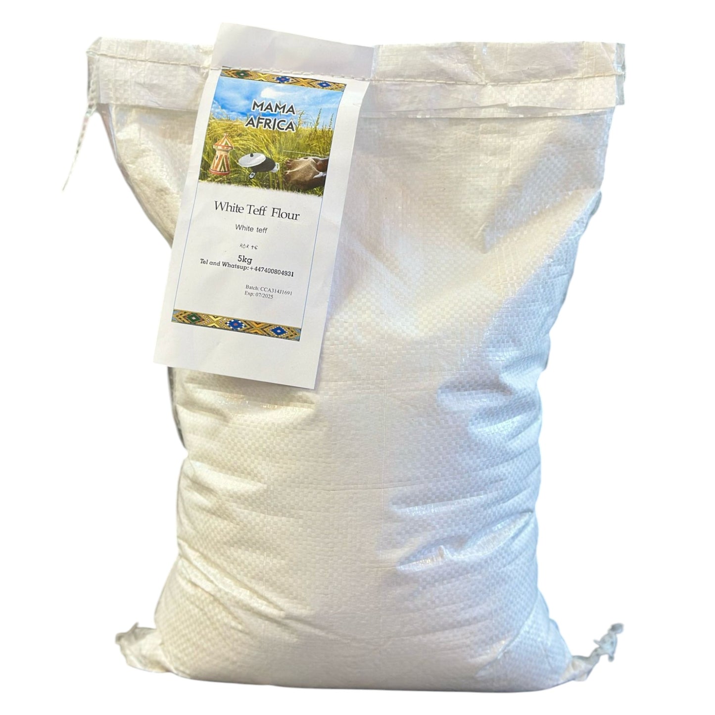 A 5kg bag of Ethiopian White Teff Flour with a label showing the brand name and product name.