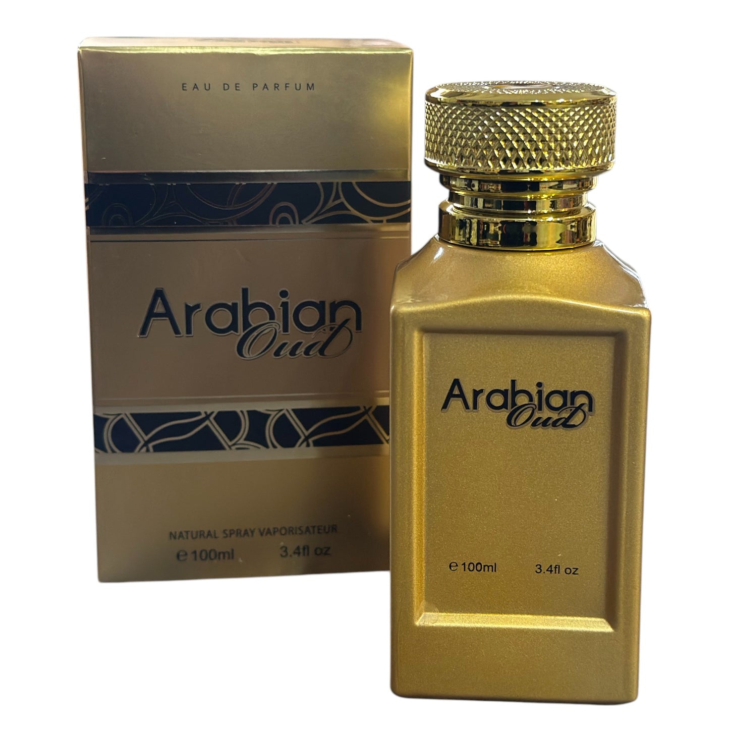 Gold Arabian Oud perfume bottle and packaging on a white background
