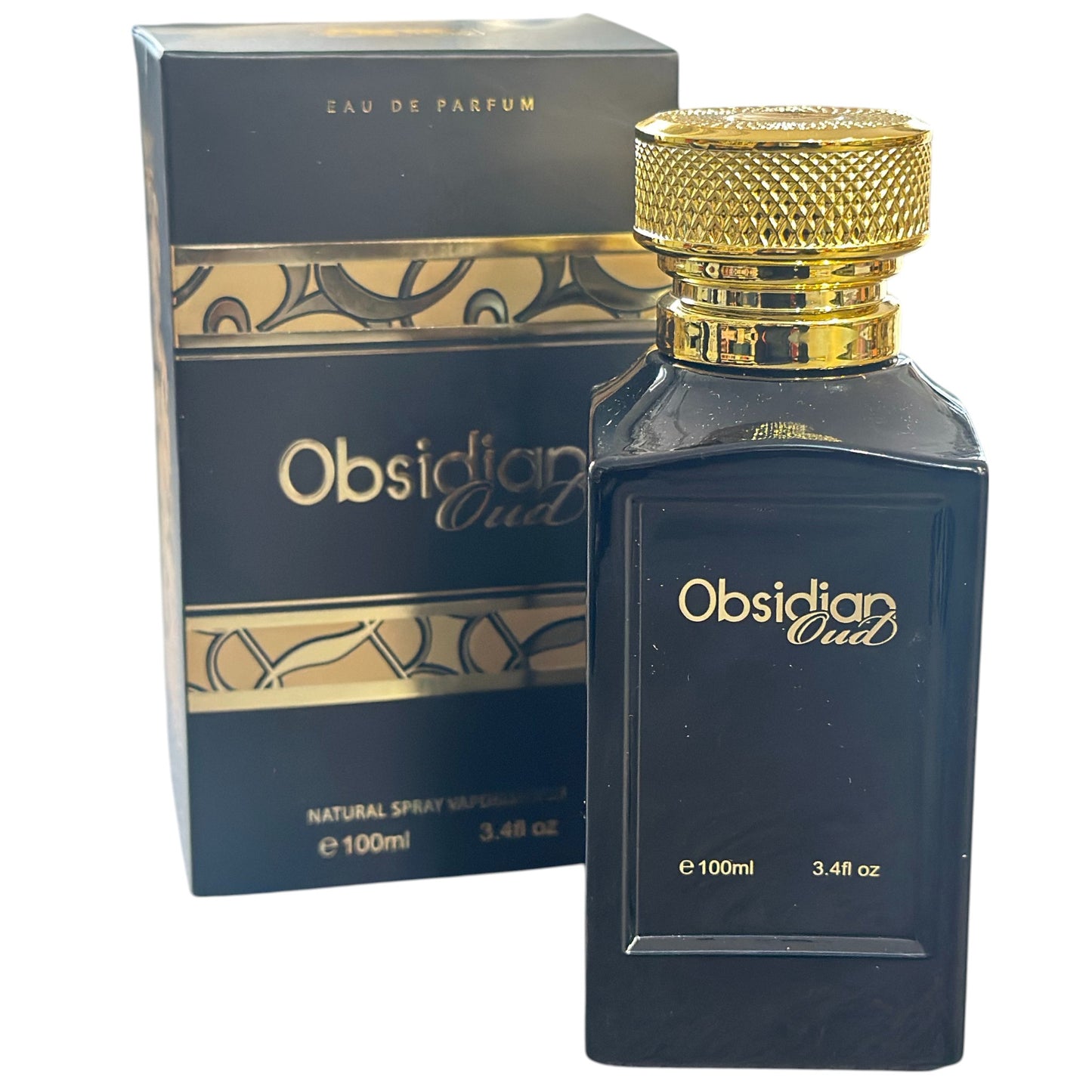 Obsidian Oud perfume bottle and packaging on a white background