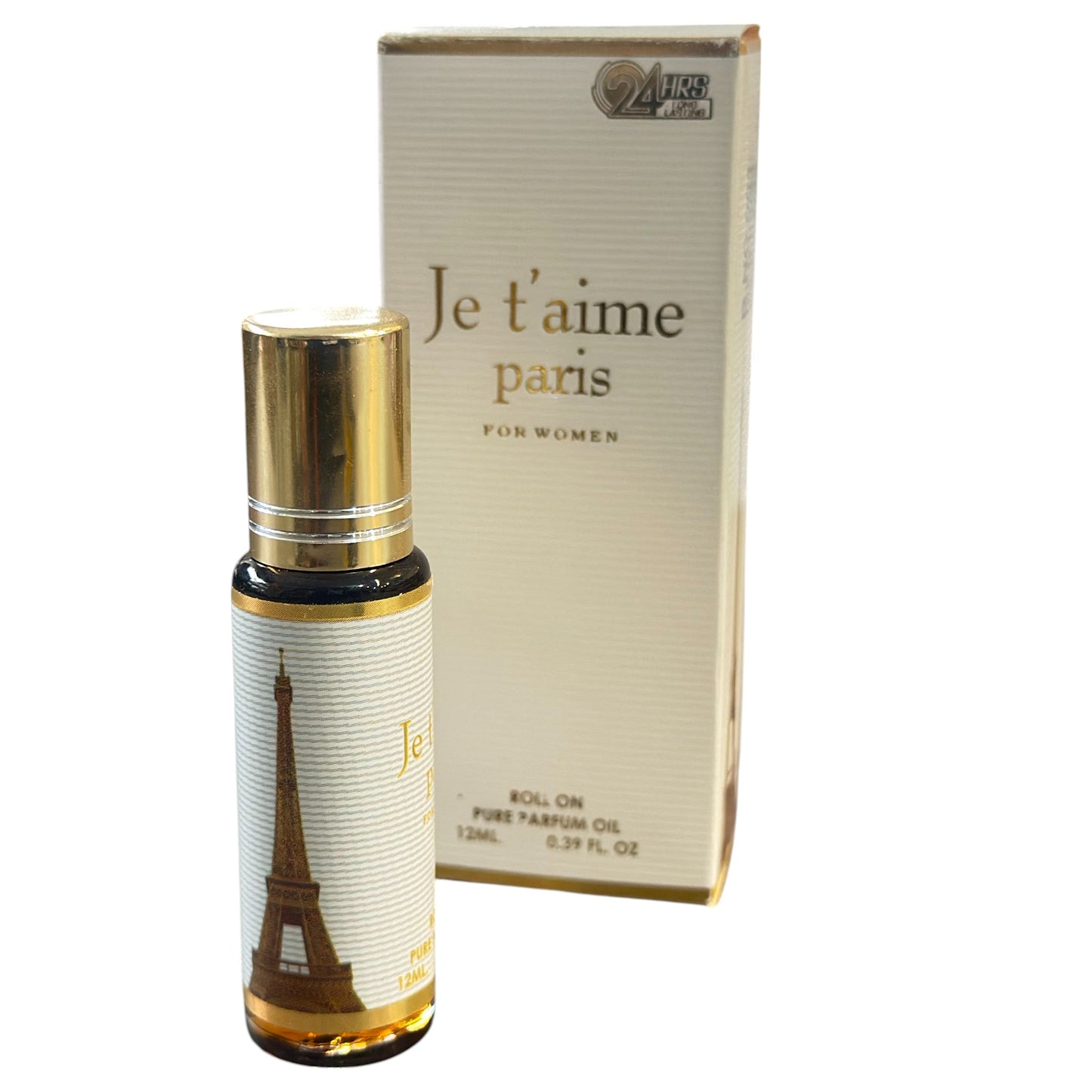 Perfume bottle and packaging of 'Je t'aime Paris' on a white background