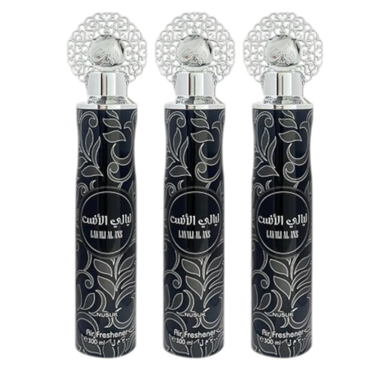Three bottles of Nusuk air freshener with black labels and silver floral designs, 300ml each.