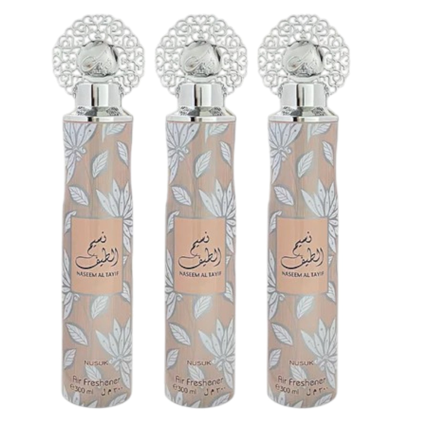 Three bottles of Nassem Al Tayif air freshener with floral patterns and silver caps