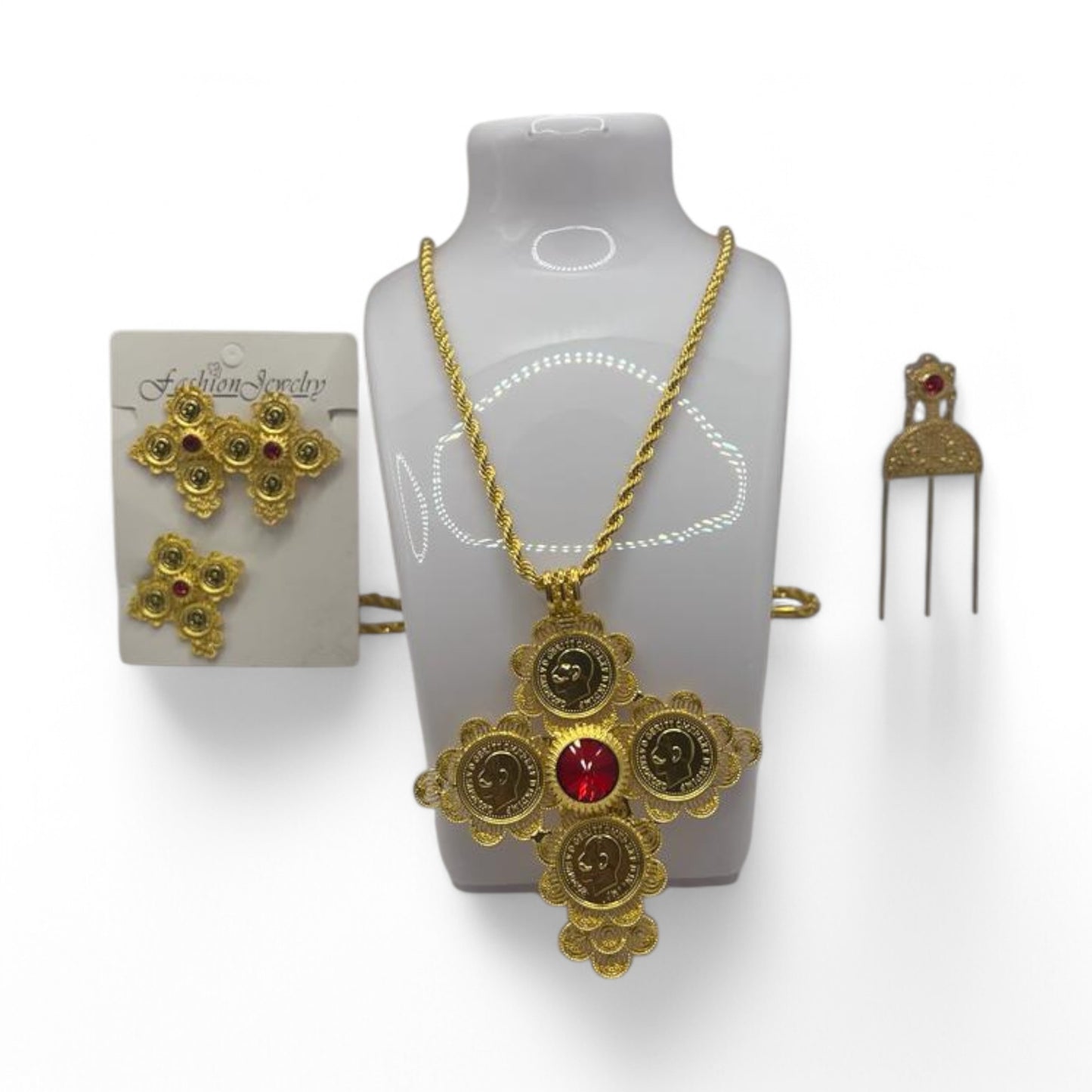 Eritrea and Ethiopia Traditional Women Jewellery Set | Habesha Gold Plated Jewellery Set with hair Comb