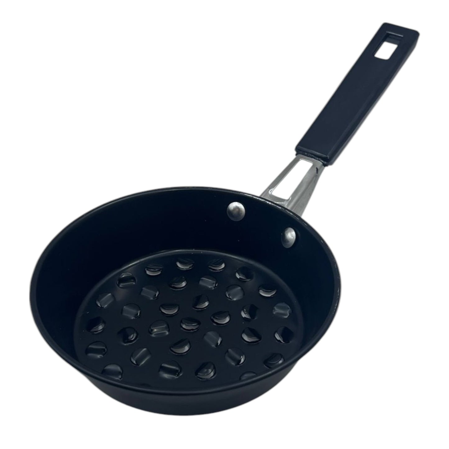 A traditional black Ethiopian Jebena coffee beans roaster with a handle.