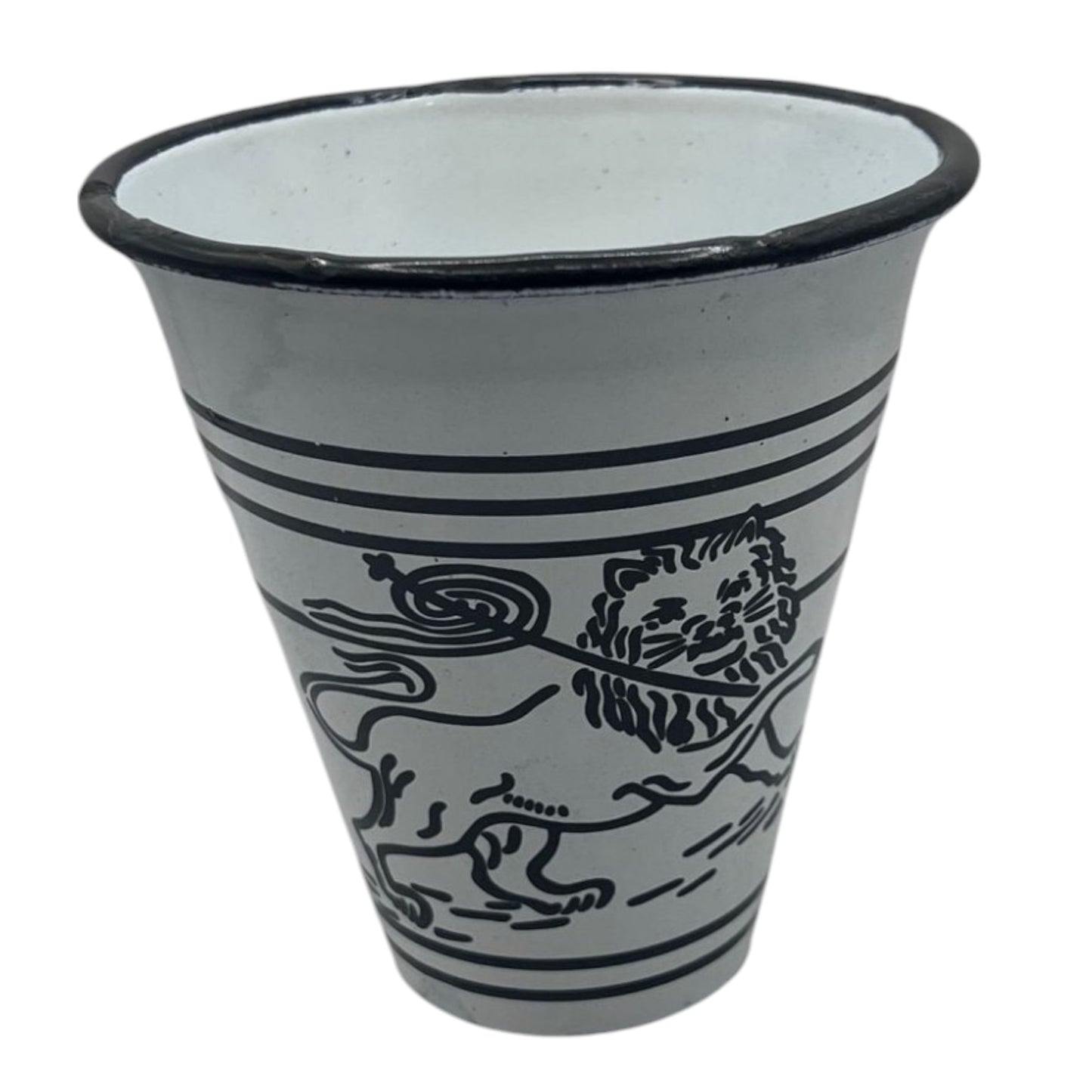 A traditional ceramic serving cup with black patterns on a white background.