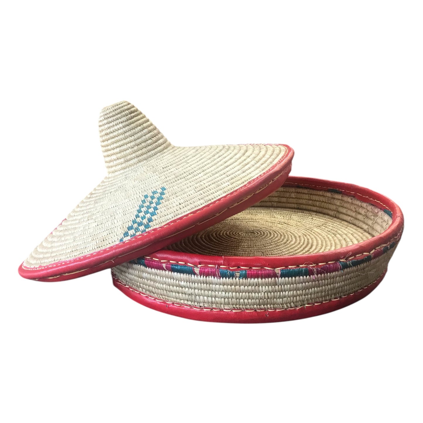 Woven basket with a lid on a white background