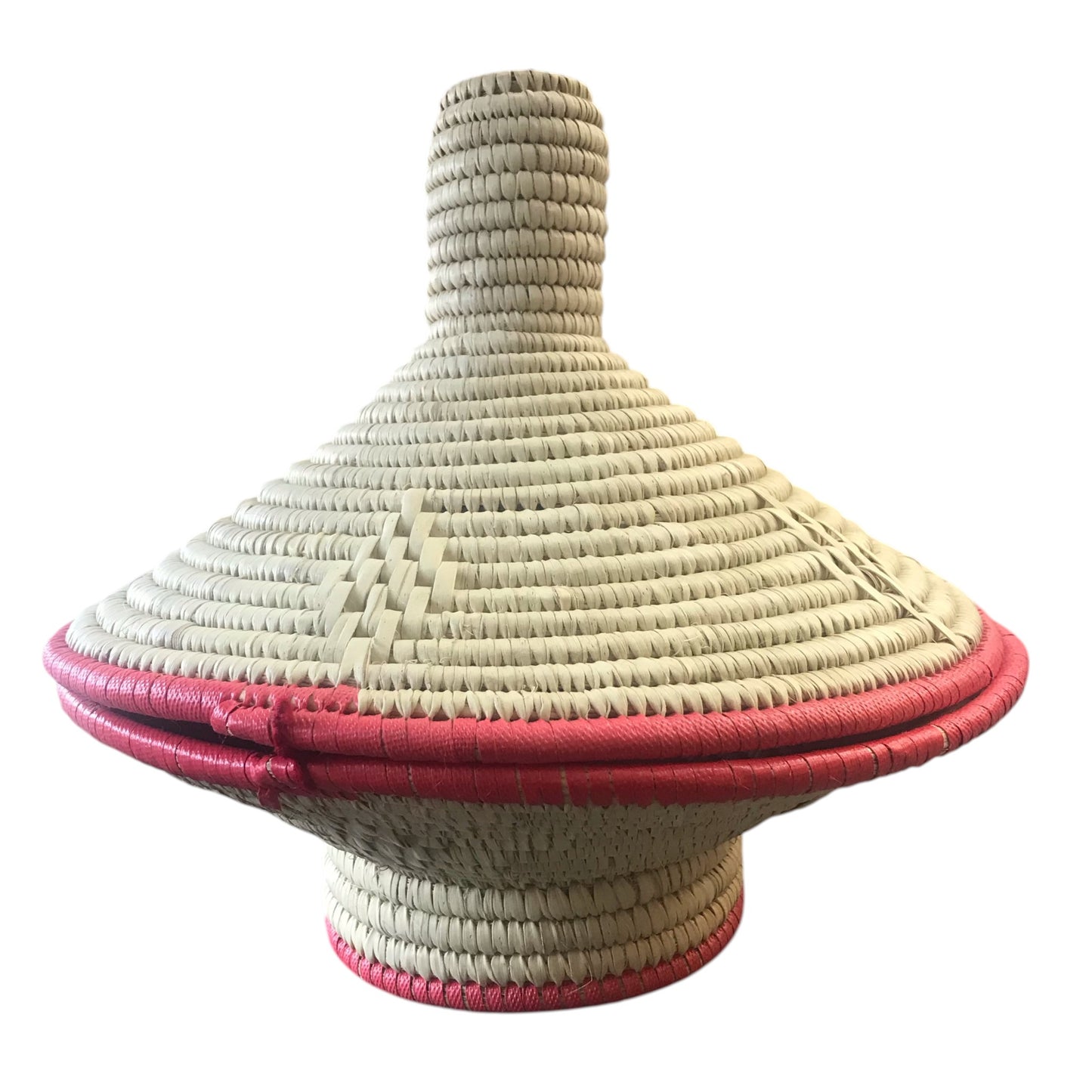 Woven basket with a red rim on a white background