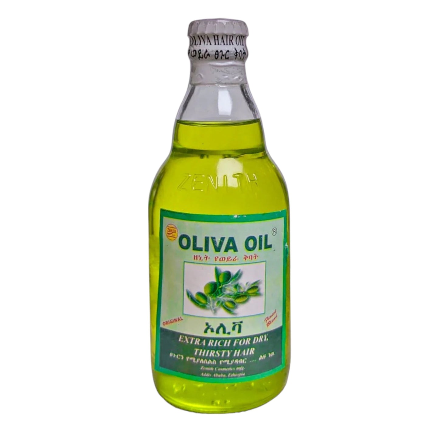 A bottle of Ethiopian Oliva Hair Oil with a green liquid inside, labeled in English and Amharic script.