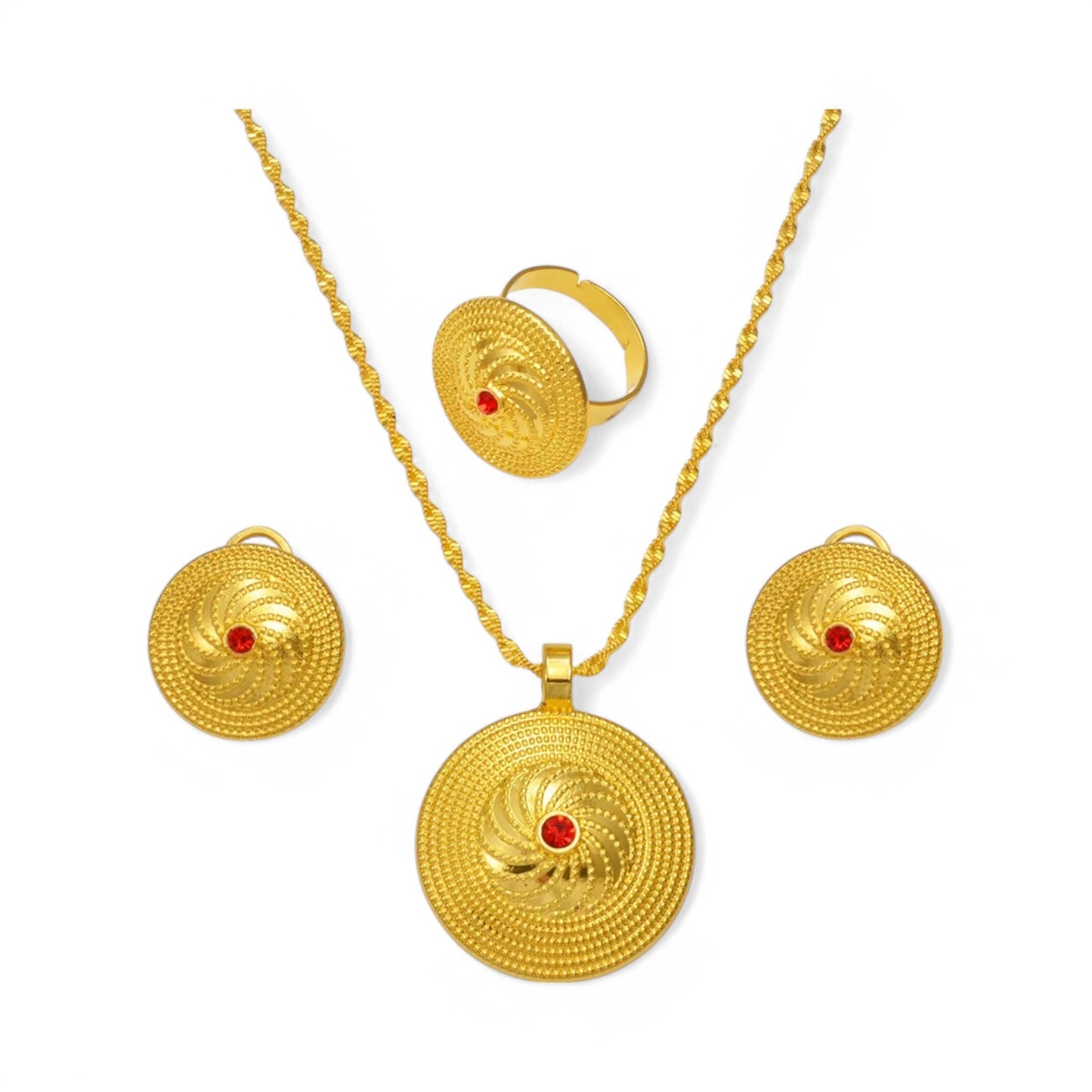 A gold-plated traditional Habesah woman's jewellery set, including a necklace, earrings, and a ring, with options of gemstones, typically worn by Eritrean and Ethiopian women.