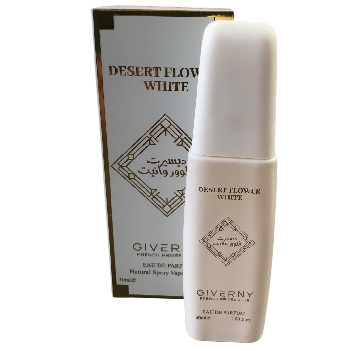 Giverny Desert Flower White perfume bottle and packaging on a white background