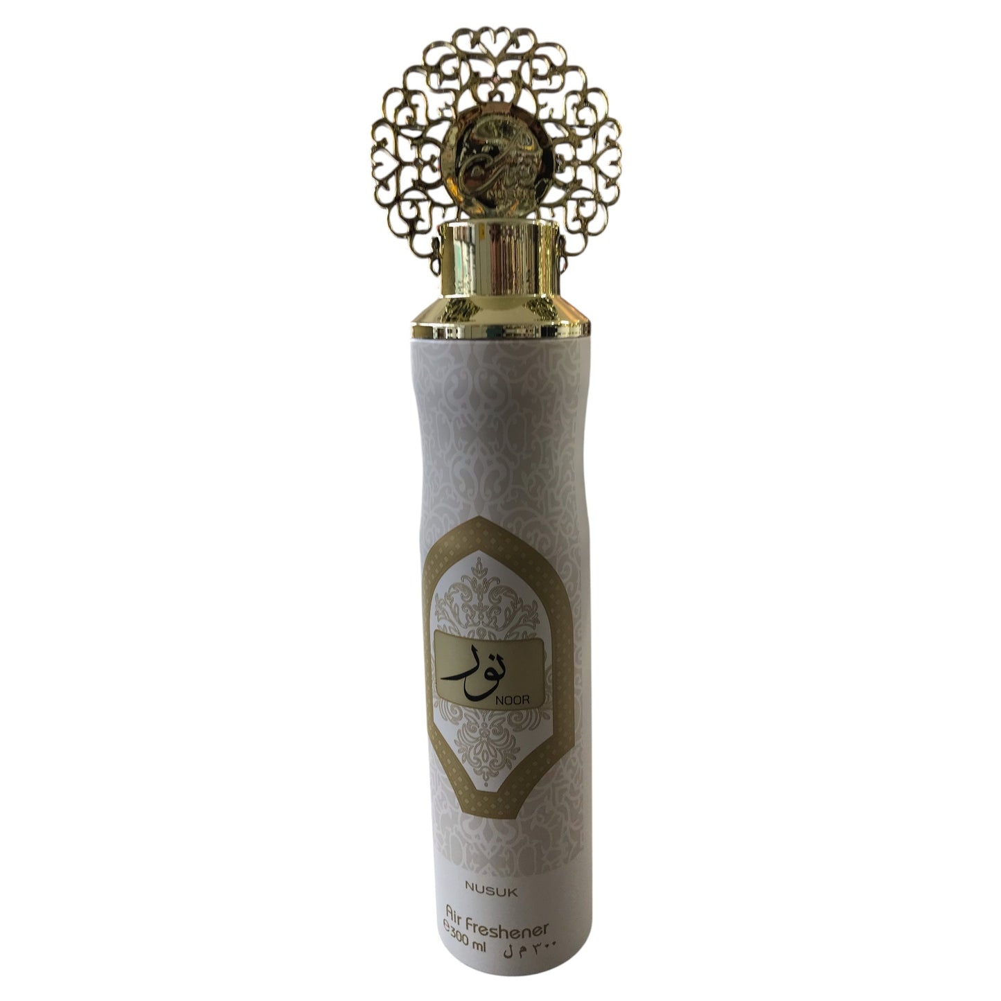Perfume bottle with gold cap and decorative top on a white background