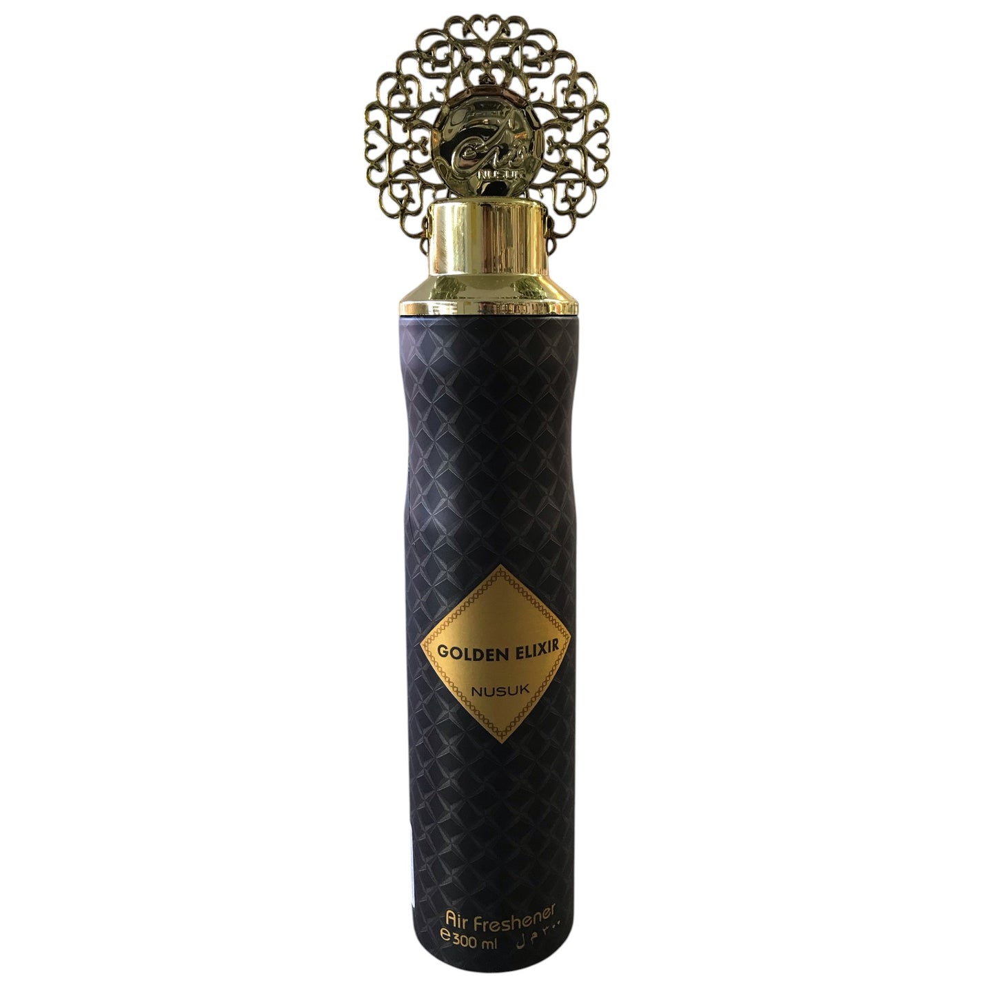 Black and gold air freshener bottle with 'Golden Elixir' branding on a white background