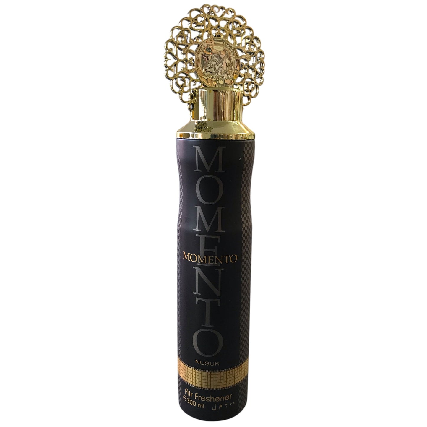 Momento air freshener bottle with gold cap on a white background