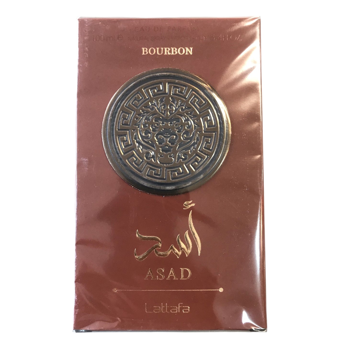 Lattaafa Asad bourbon packaging with decorative emblem and text on a white background