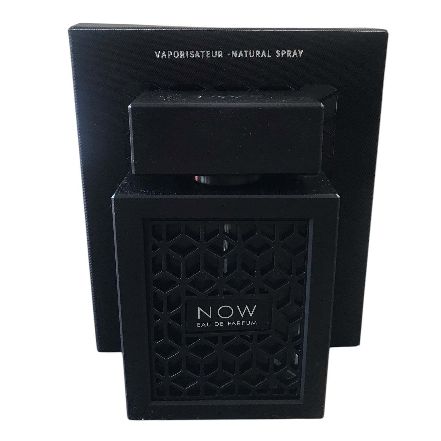 Black 'NOW EAU DE PARFUM' spray bottle on a white background