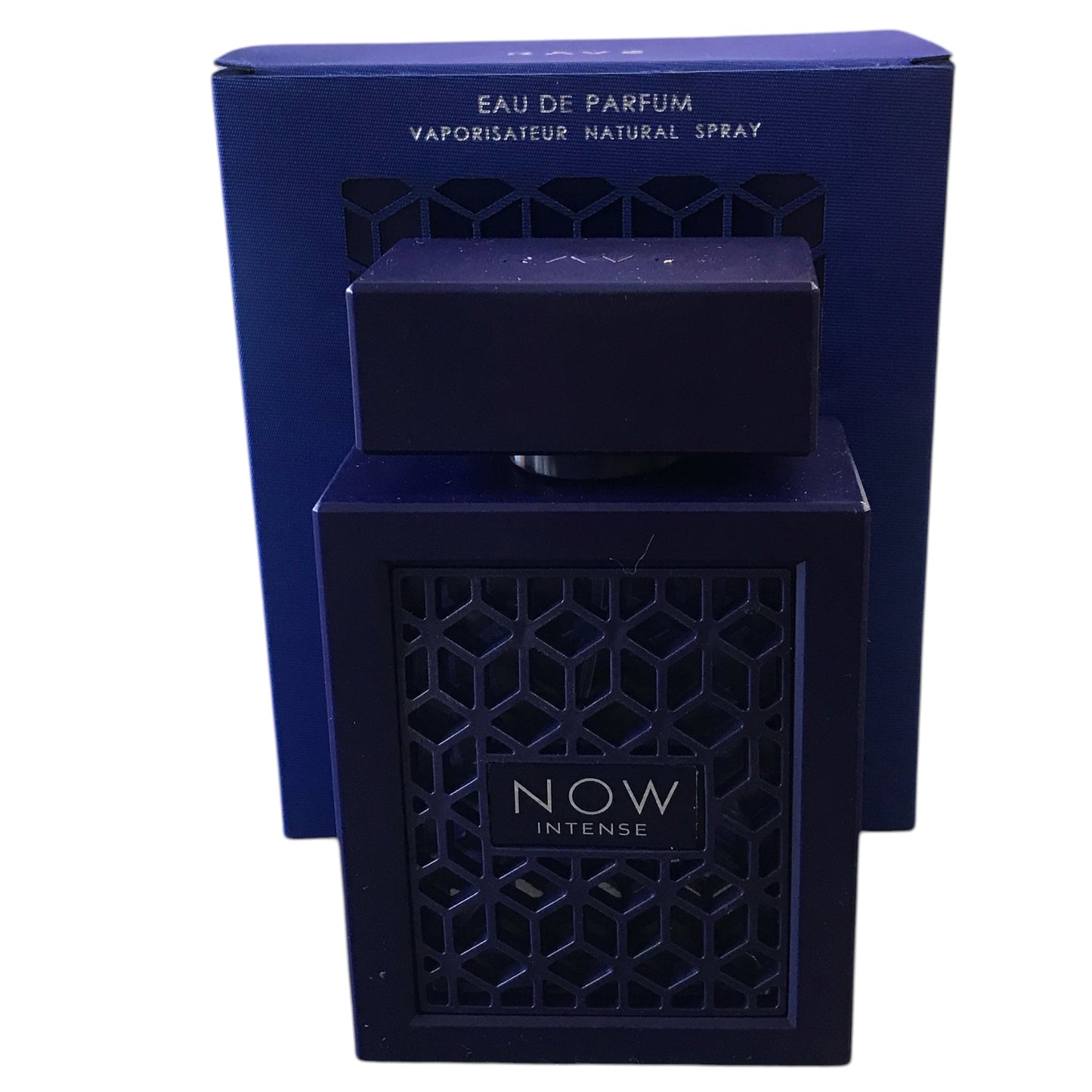 Navy blue perfume bottle with geometric design and 'NOW Intense' branding on a white background.
