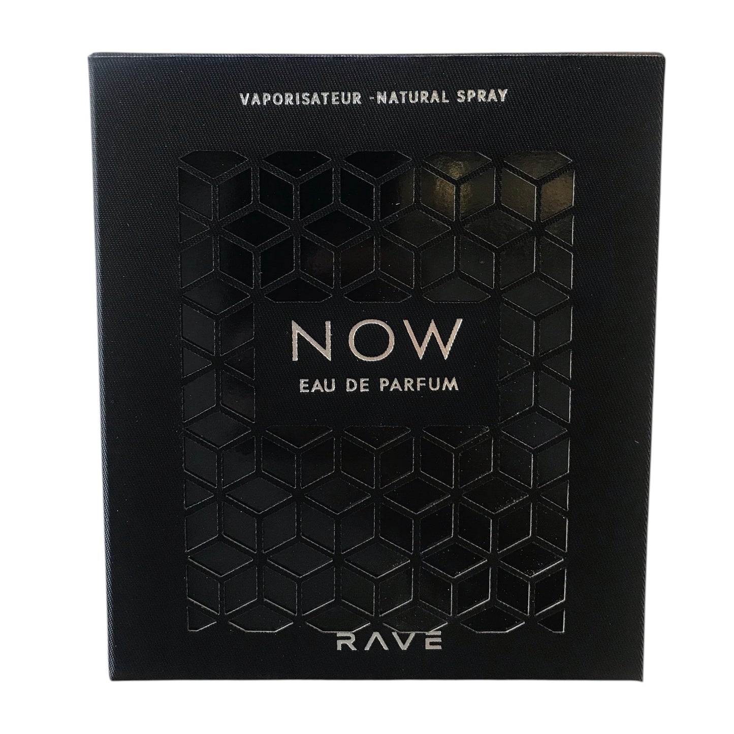 Black box of RAVE NOW Eau de Parfum with geometric design