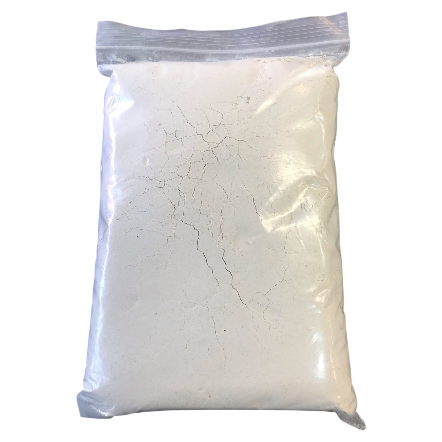 Clear plastic bag with white powder inside on a white background
