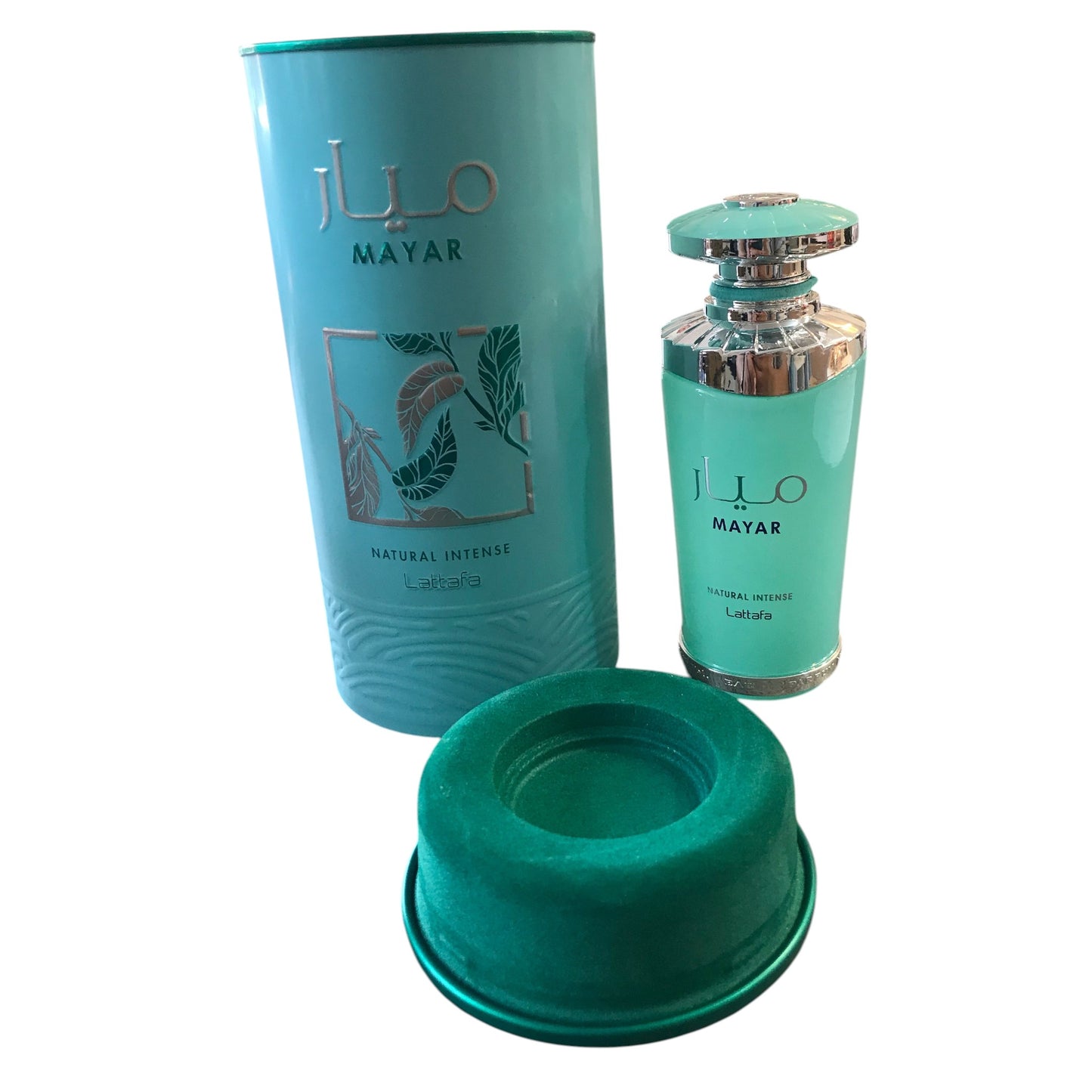 Turquoise Mayar perfume bottle and packaging on a white background