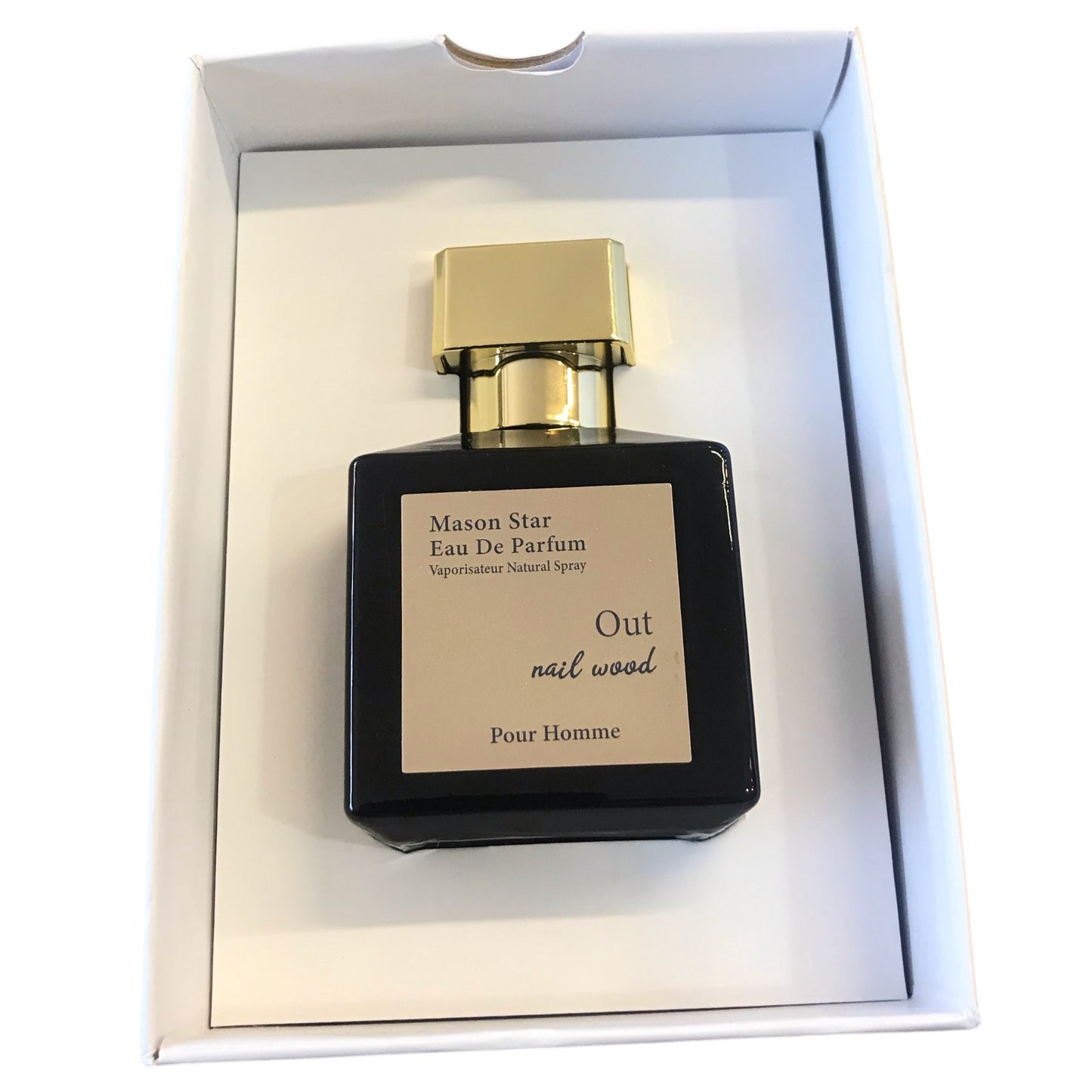 Perfume bottle with gold cap and black body in a white box