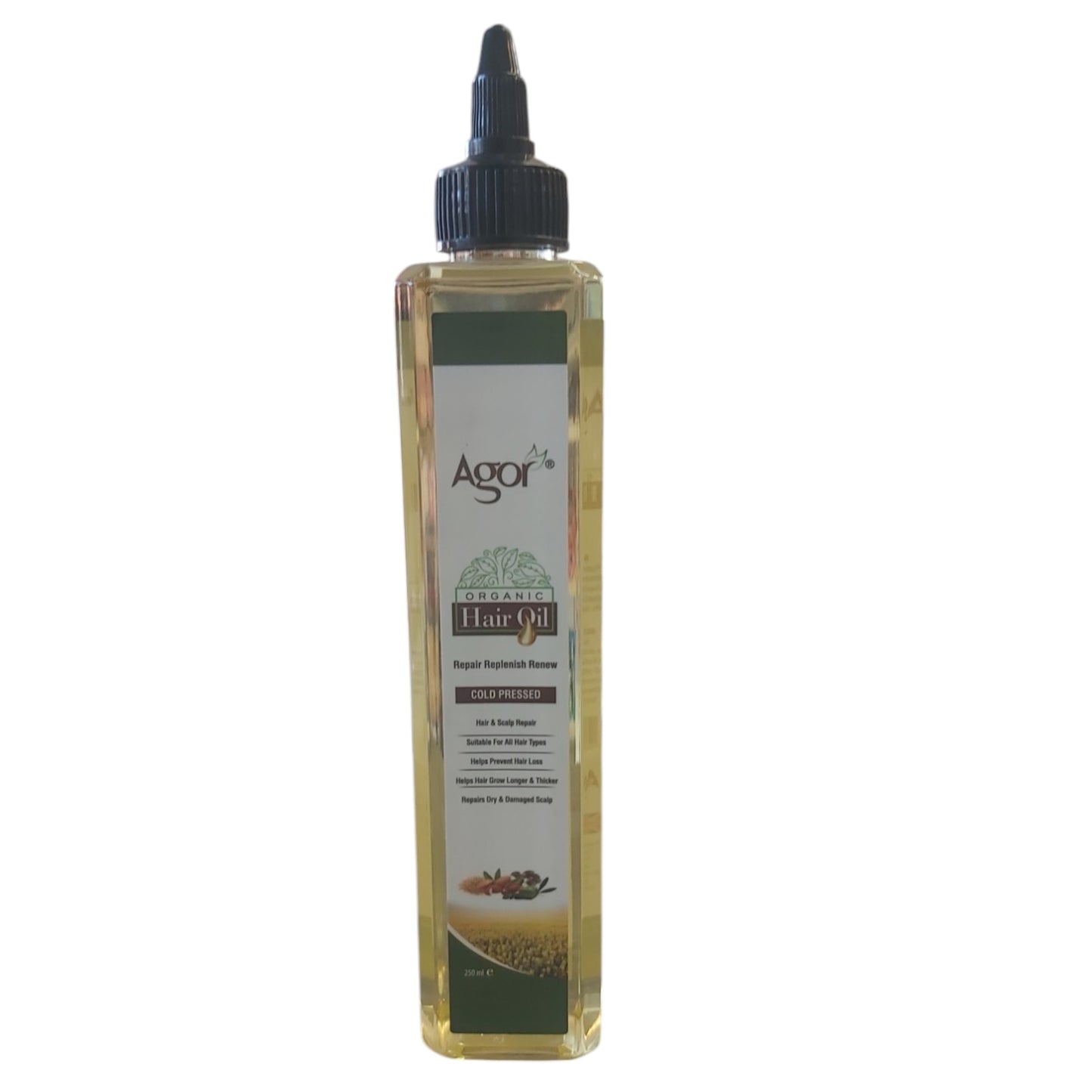 Agor Hair & Scalp Repair Oil in a clear bottle with a black cap and green label, 250ml.